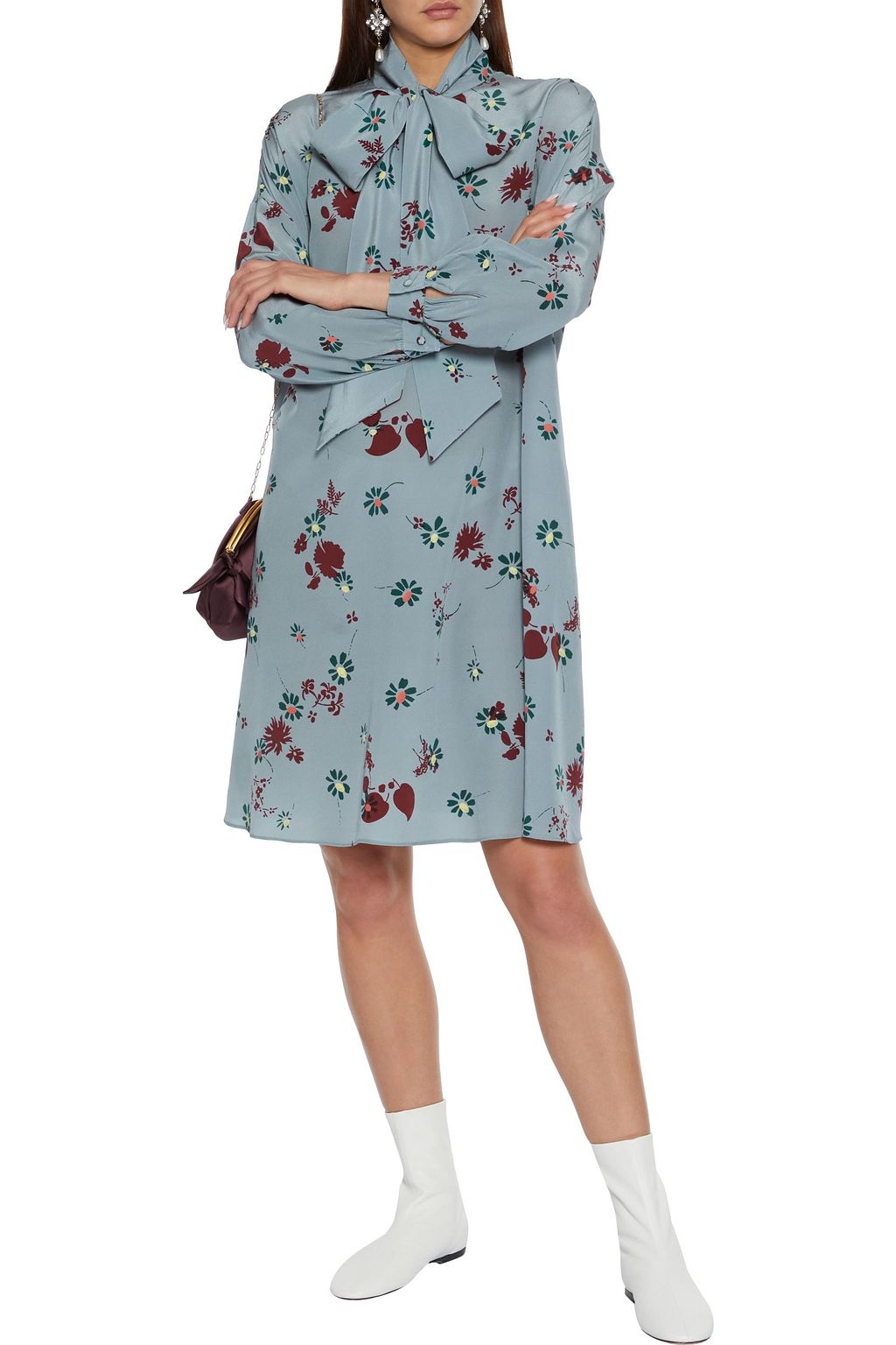 VALENTINO GARAVANI Pussy-bow floral-print silk crepe de chine shirt dress