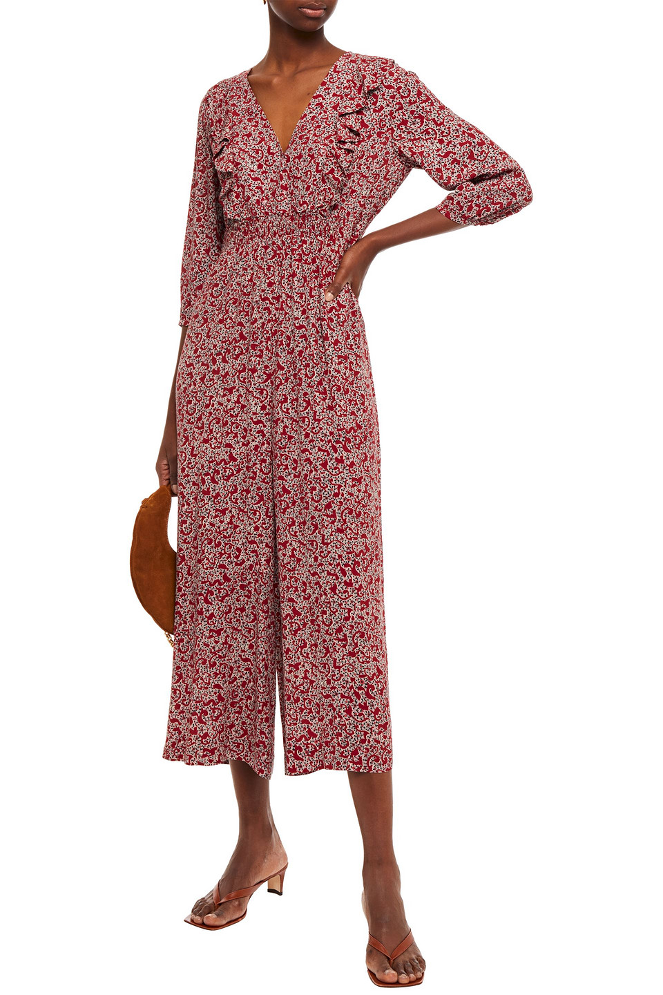 Ba&sh Carmin Cropped Ruffled Printed Crepe Jumpsuit In Crimson