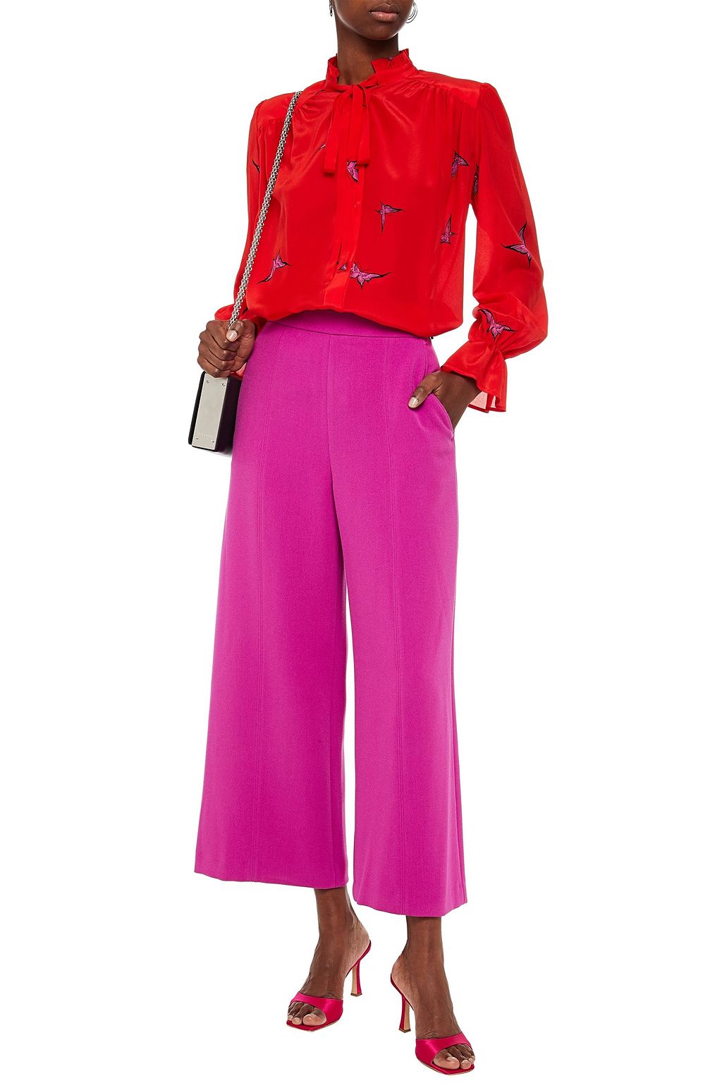 MSGM Pussy-bow printed silk crepe de chine blouse