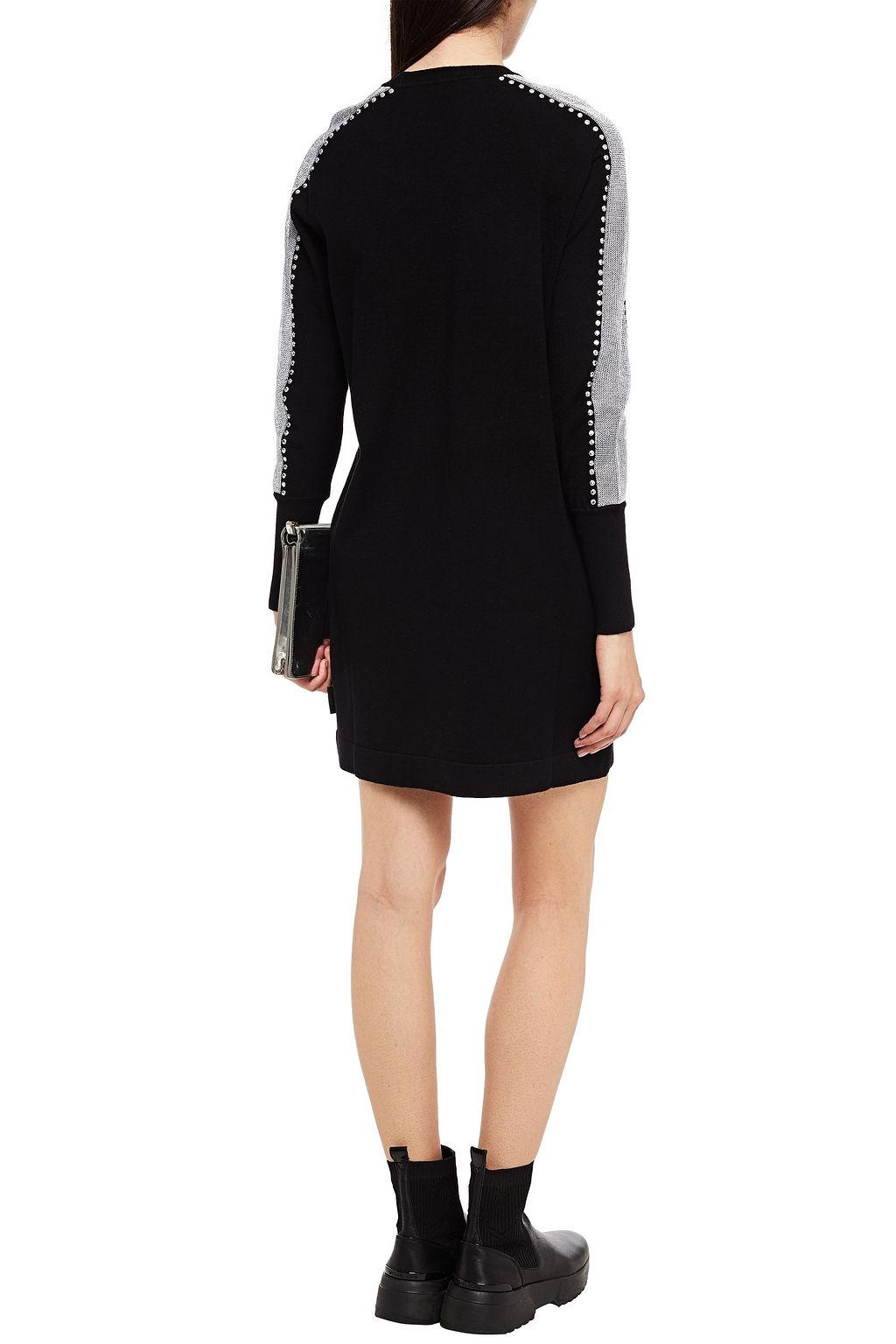 LOVE MOSCHINO Metallic-trimmed studded knitted mini dress