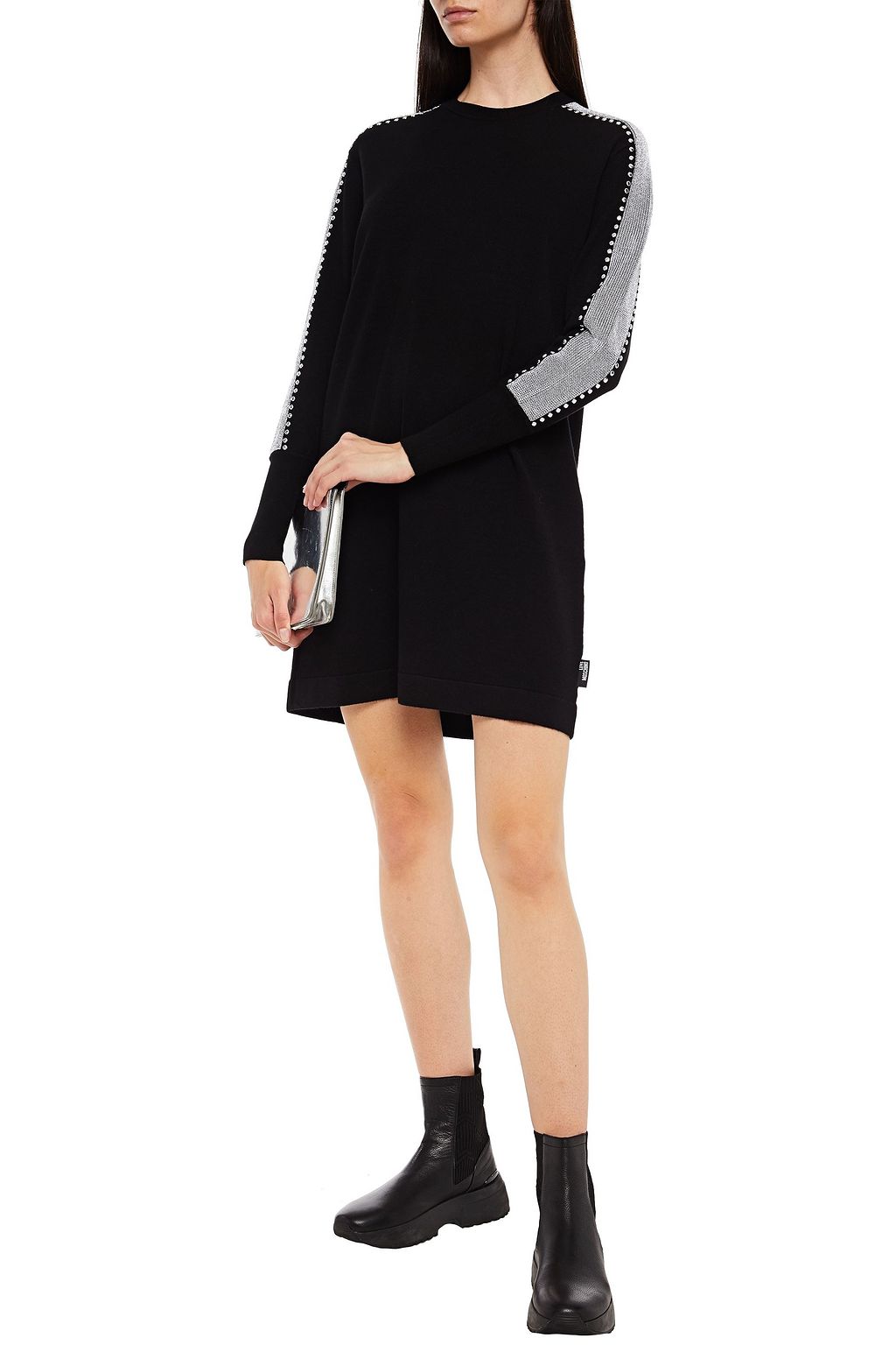 LOVE MOSCHINO Metallic-trimmed studded knitted mini dress