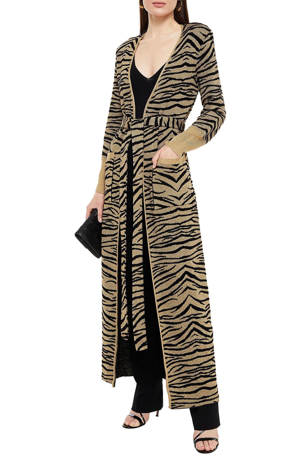DUNDAS Belted metallic tiger-print jacquard-knit cardigan