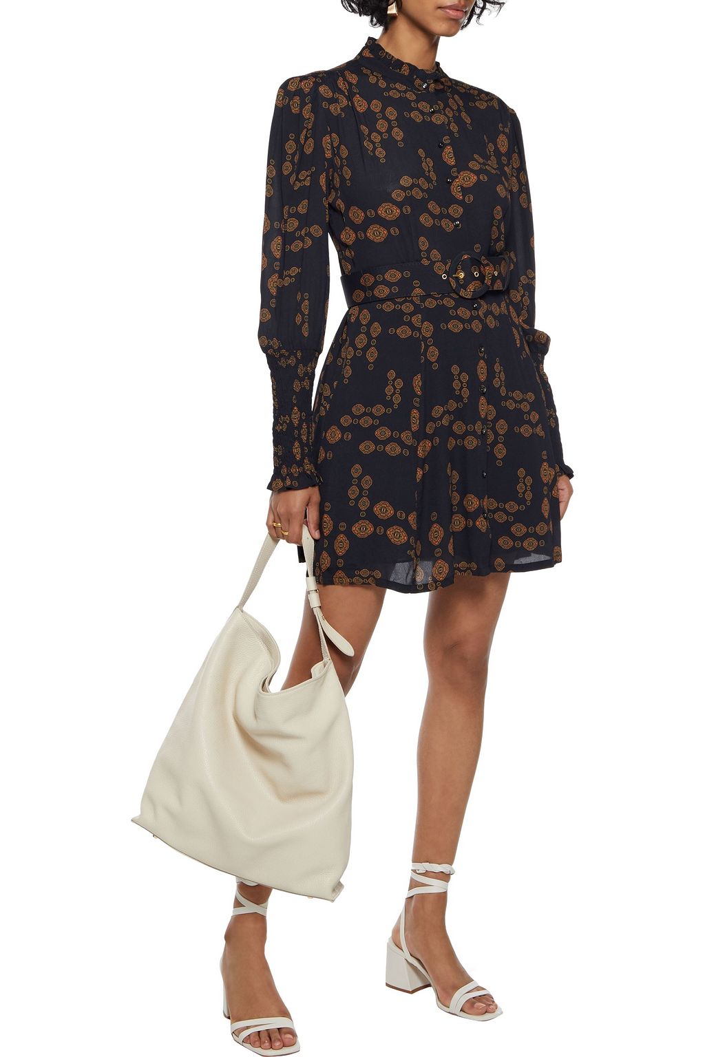 NICHOLAS Belted printed crepe de chine mini dress