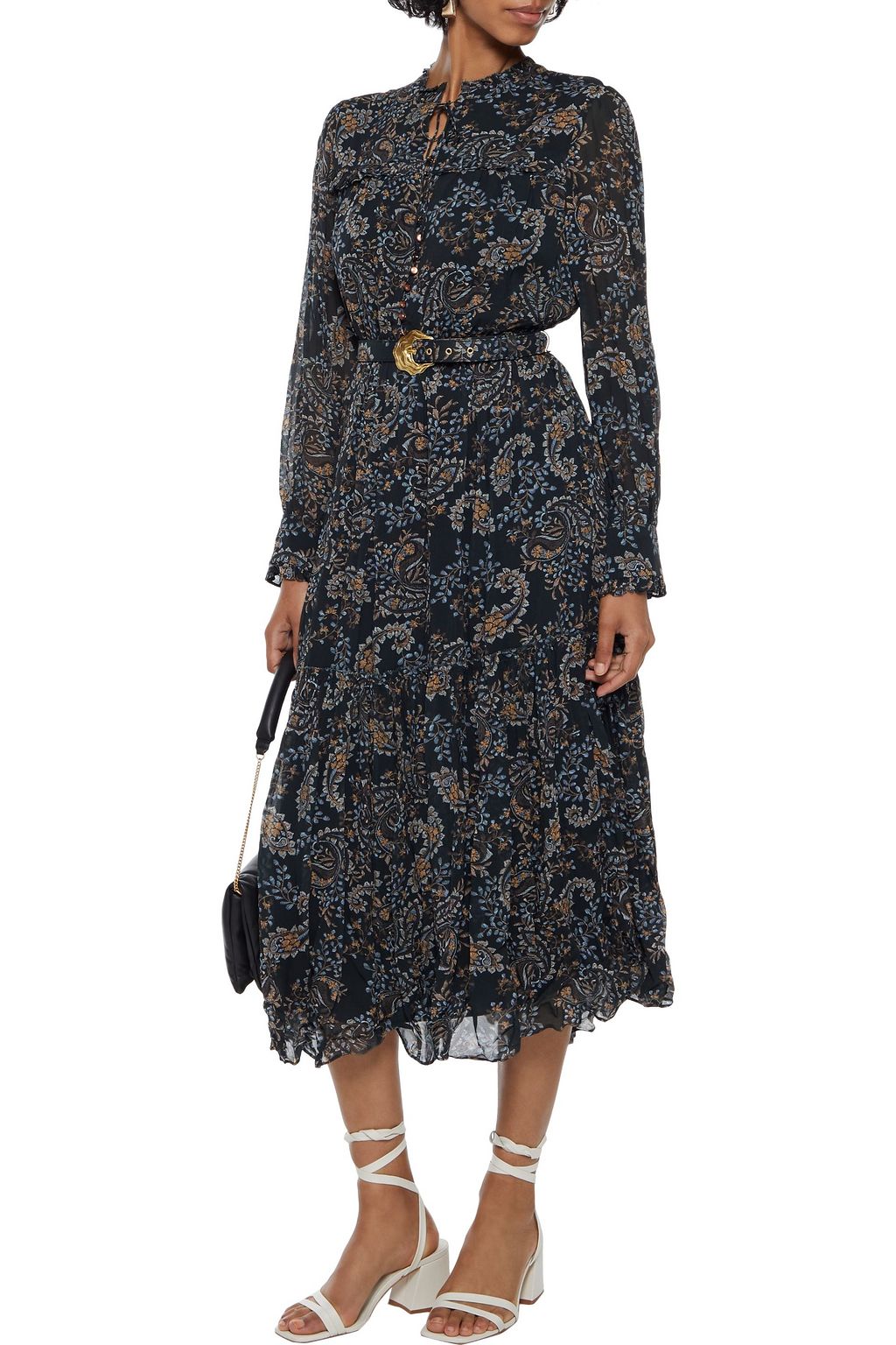 NICHOLAS Belted gathered printed chiffon midi dress