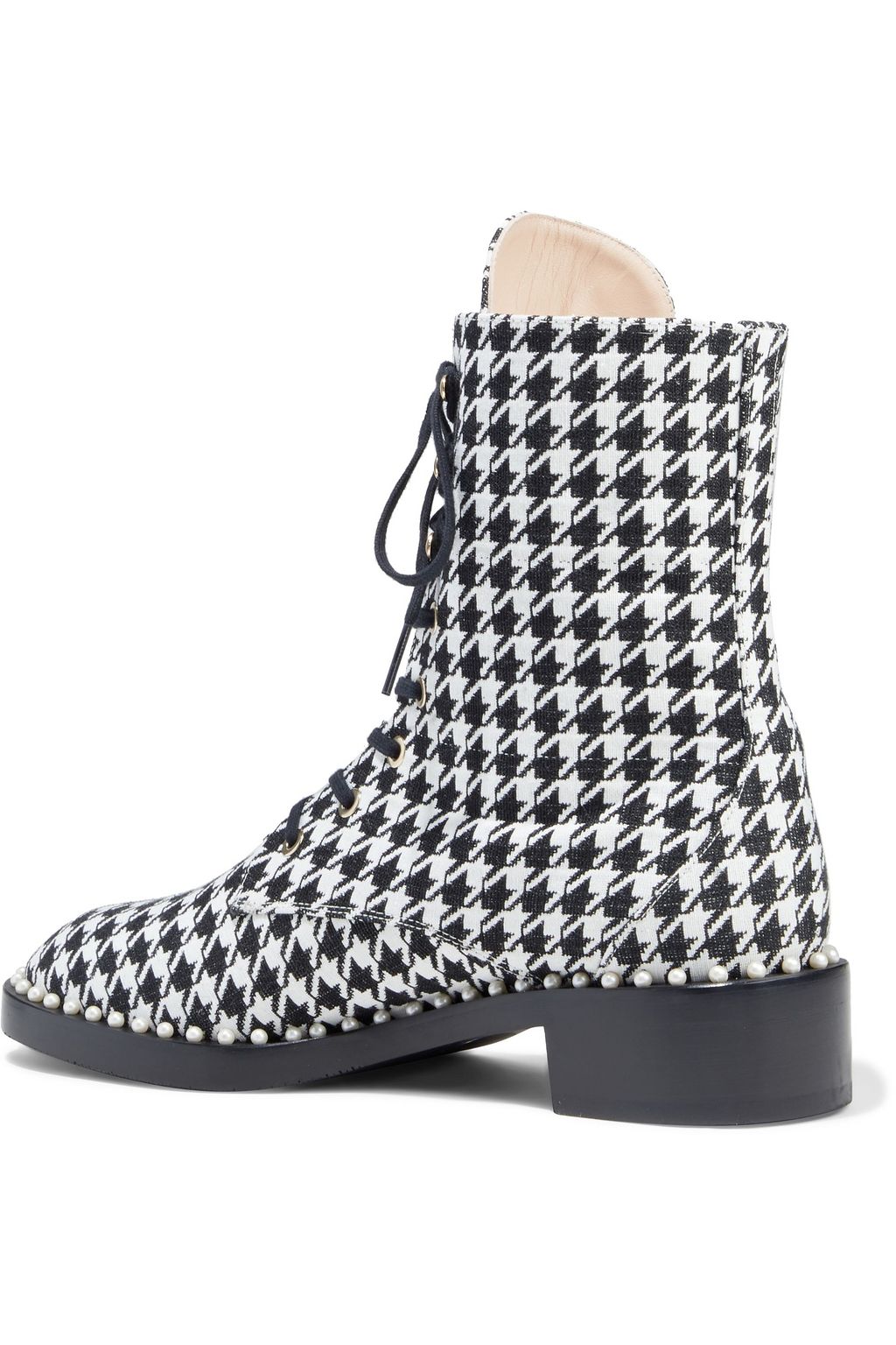 STUART WEITZMAN Sondra faux pearl-embellished houndstooth canvas combat boots
