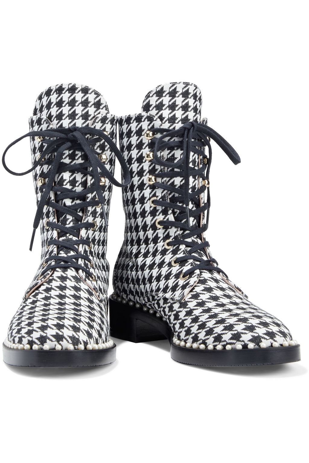 STUART WEITZMAN Sondra faux pearl-embellished houndstooth canvas combat boots