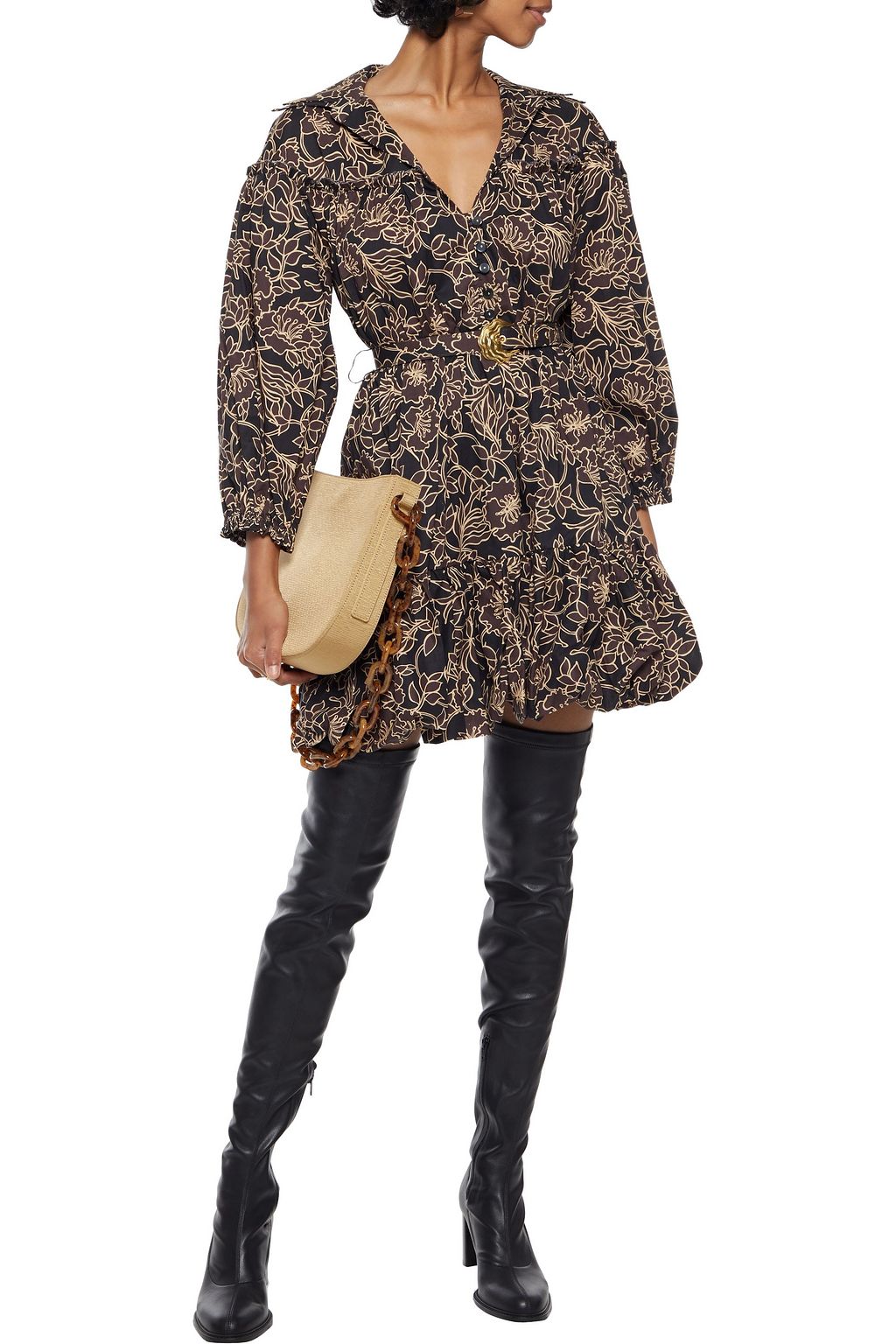 NICHOLAS Belted gathered floral-print cotton-poplin mini dress