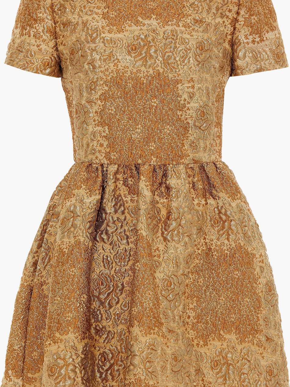 gathered metallic brocade mini dress