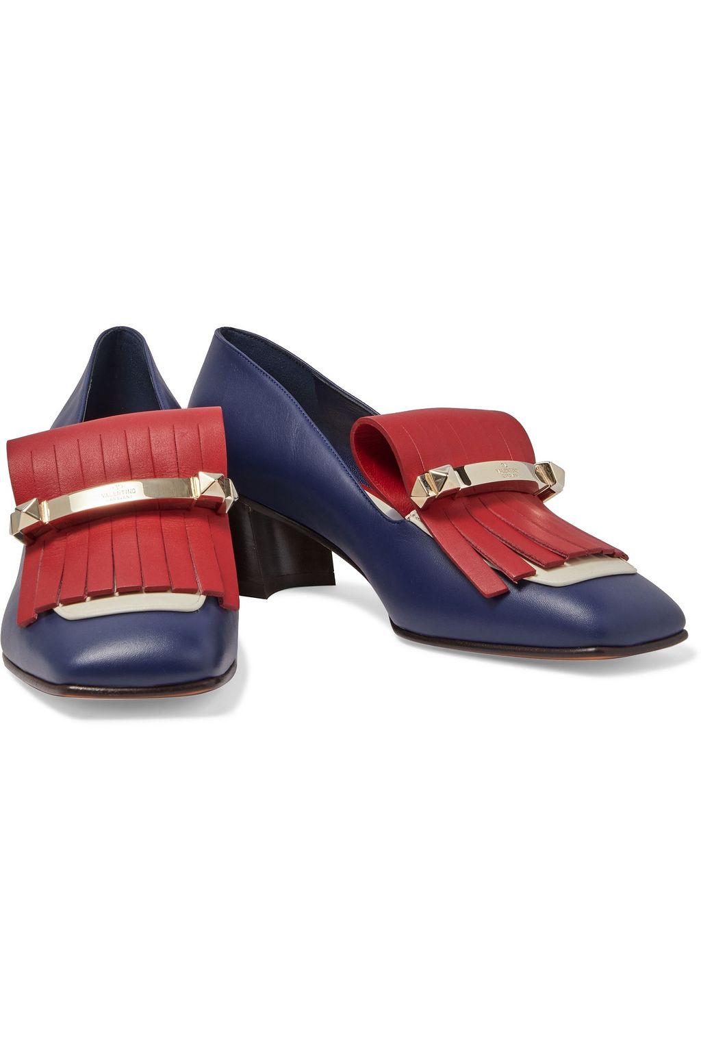 VALENTINO GARAVANI Uptown studded fringed color-block leather pumps