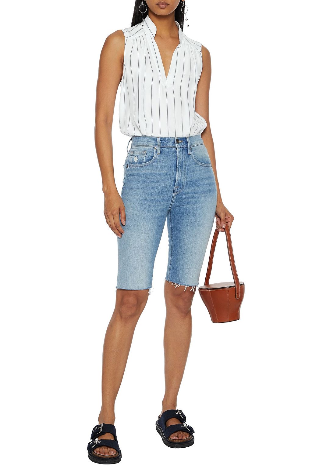 FRAME Cali gathered striped washed-silk top