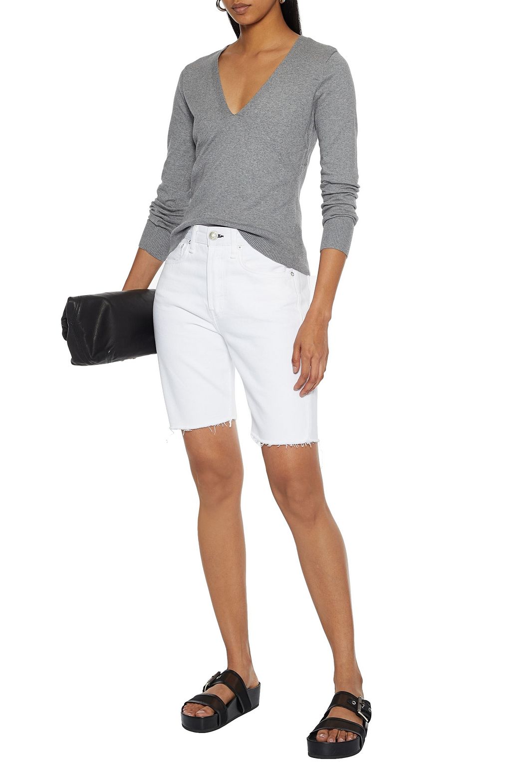 FRAME Paneled mélange ribbed-knit sweater