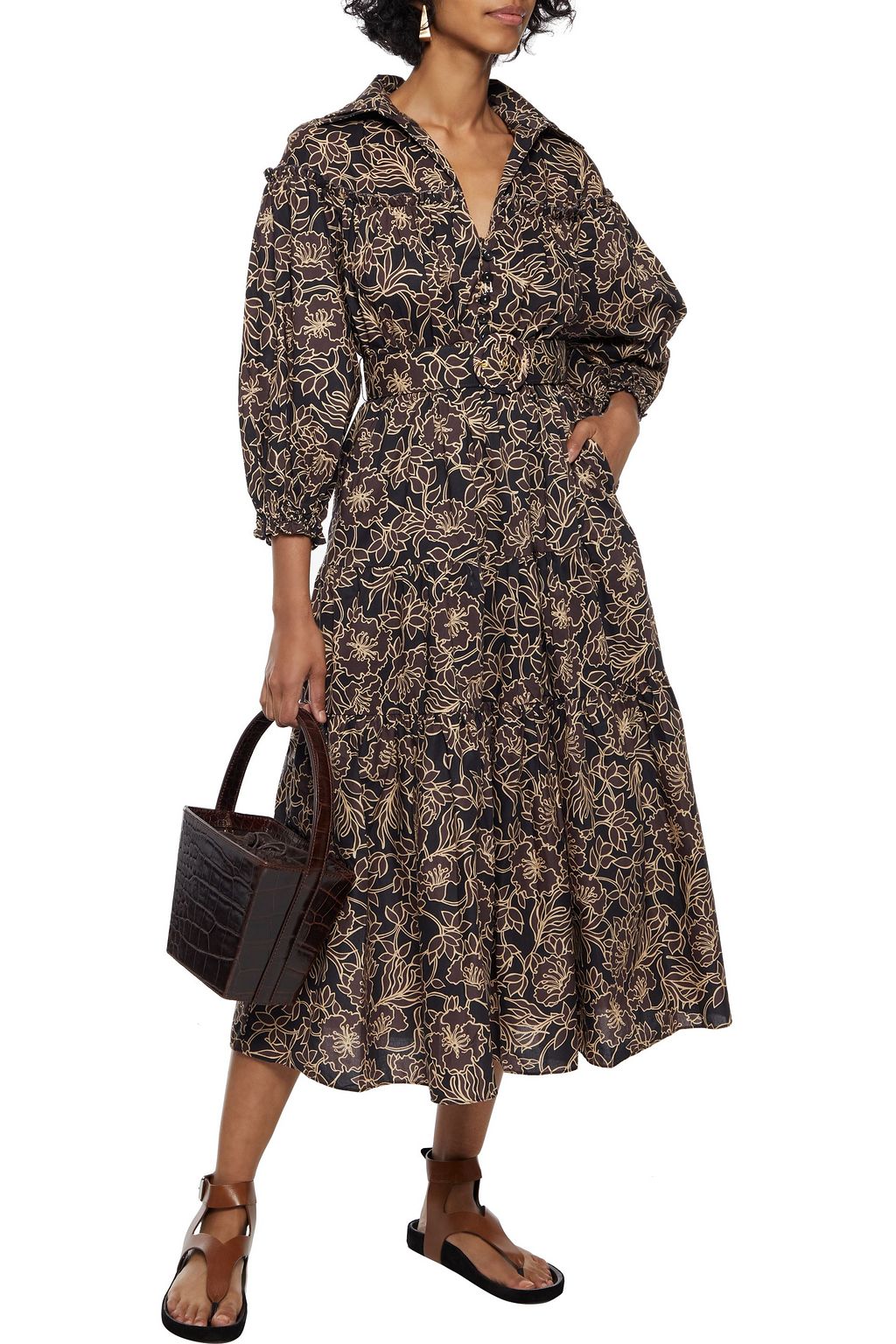 NICHOLAS Tiered belted floral-print cotton-poplin midi dress