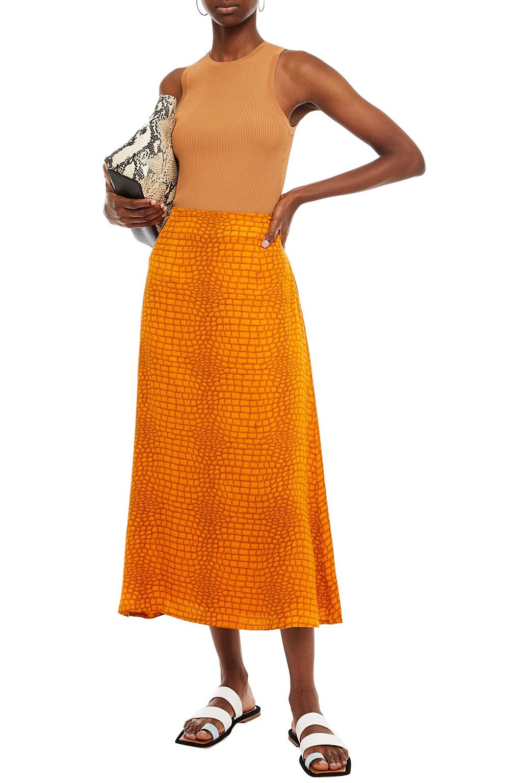GESTUZ Printed satin-twill midi skirt