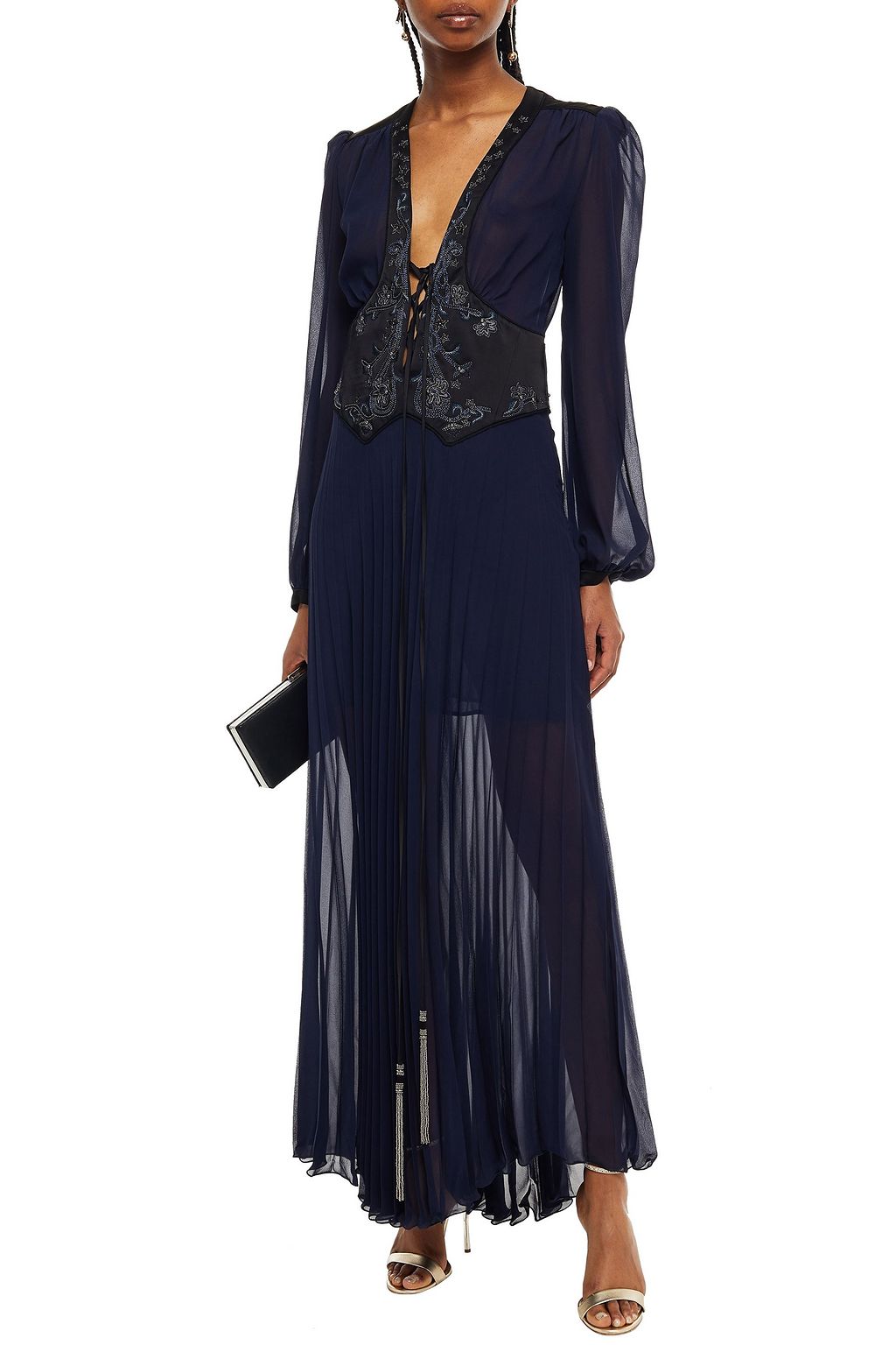 DUNDAS Embellished satin-paneled silk crepe de chine gown