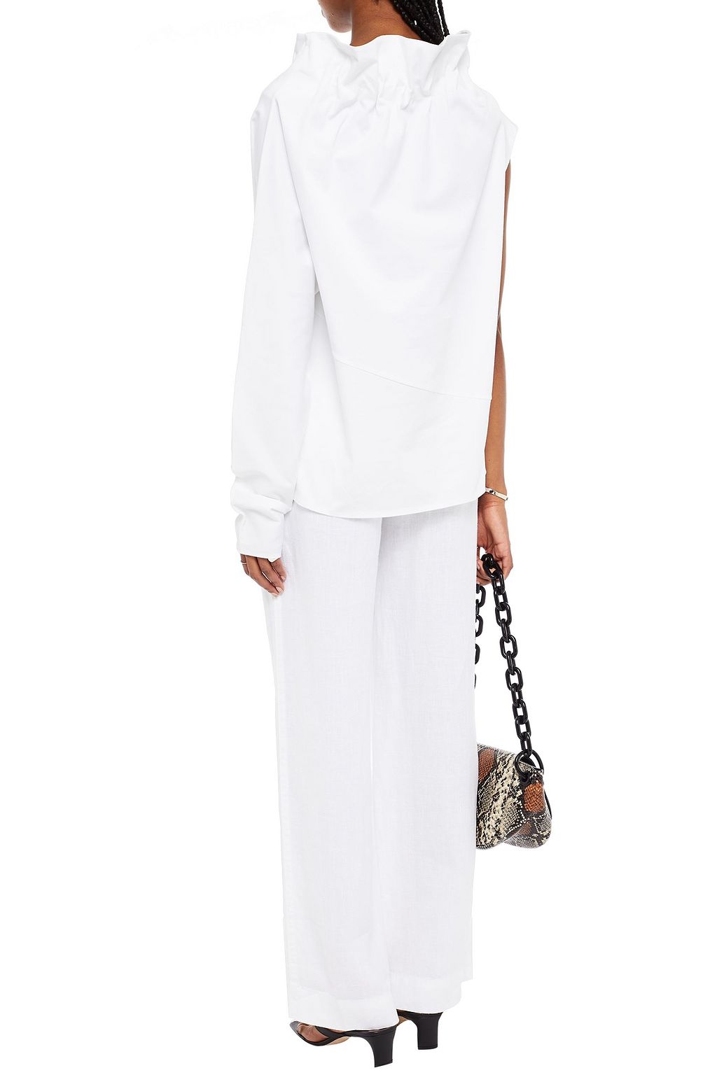 PIECE OF WHITE One-sleeve gathered stretch-cotton poplin top