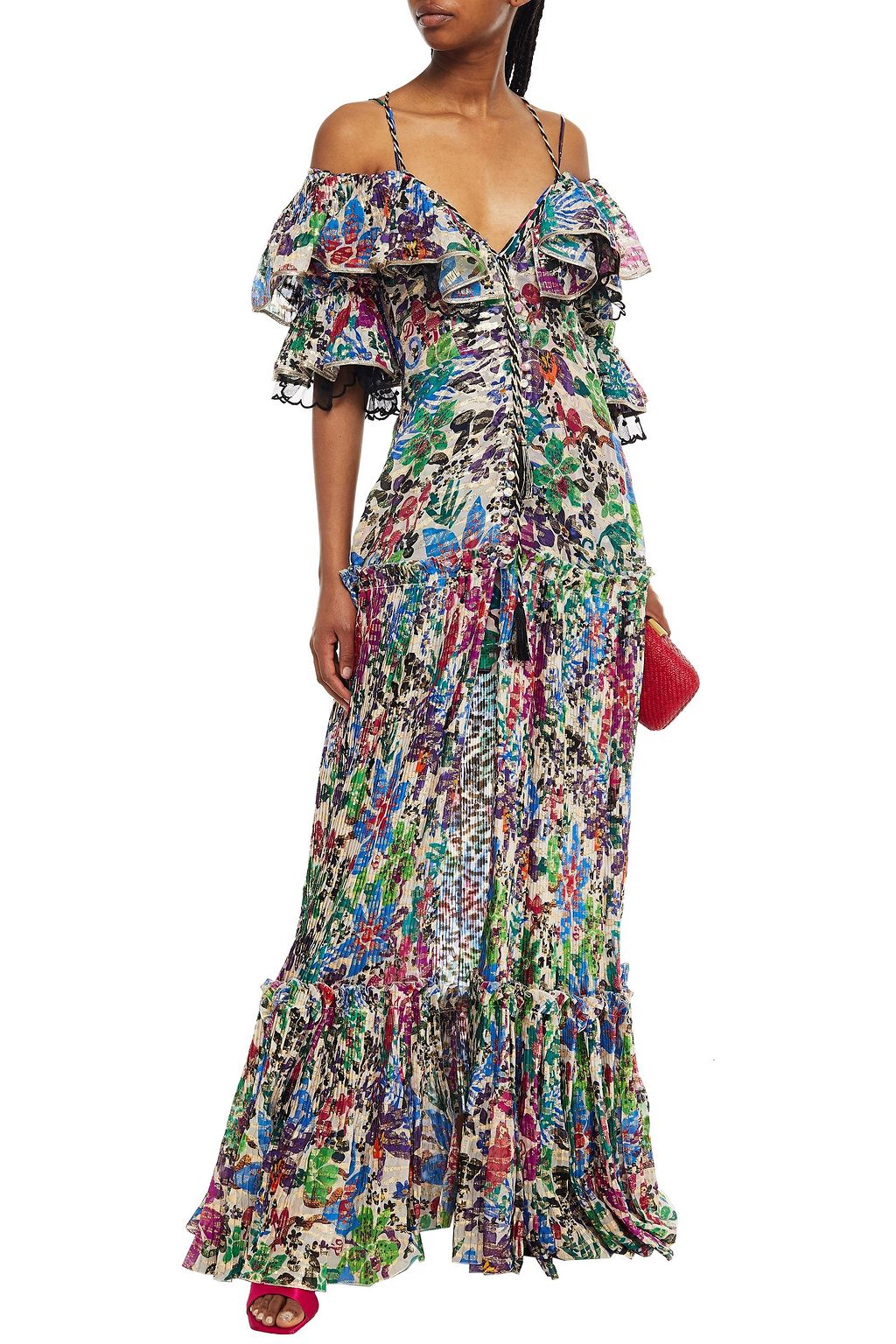 DUNDAS Tiered cold-shoulder printed fil coupé silk-blend voile maxi dress