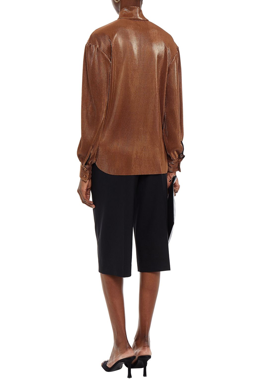 MSGM Tie-neck coated plissé-jersey blouse