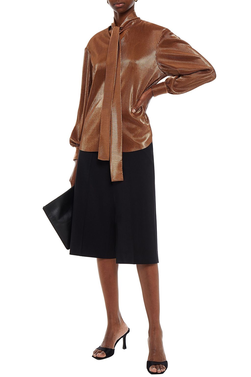MSGM Tie-neck coated plissé-jersey blouse