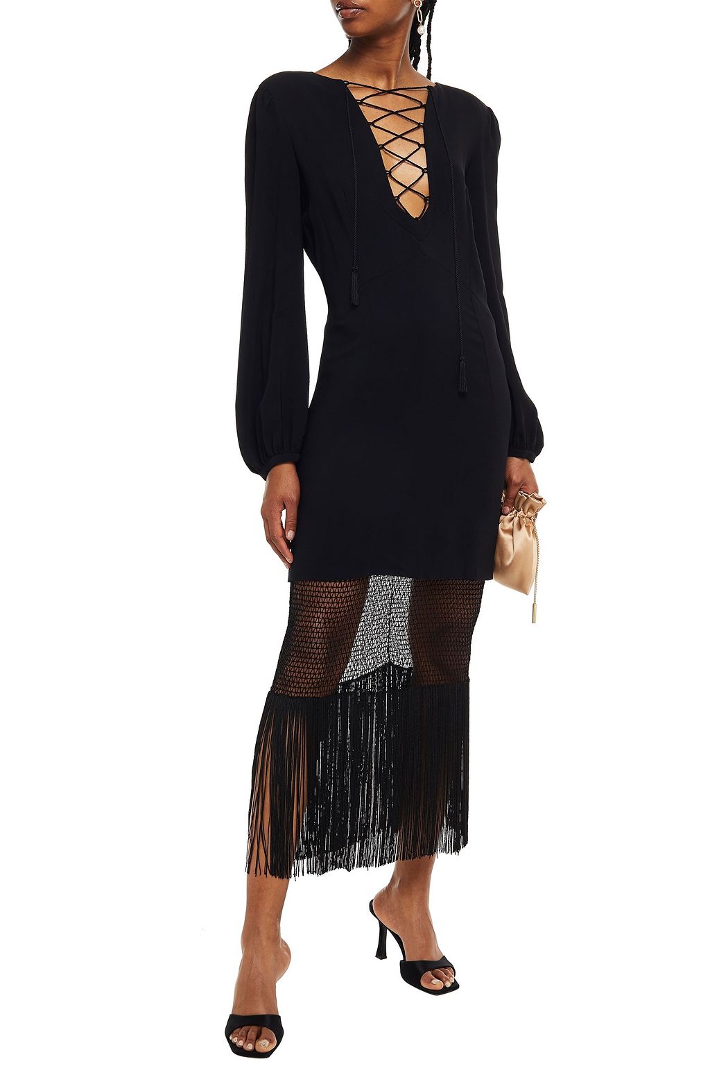DUNDAS Lace-up layered stretch-crepe and crochet maxi dress
