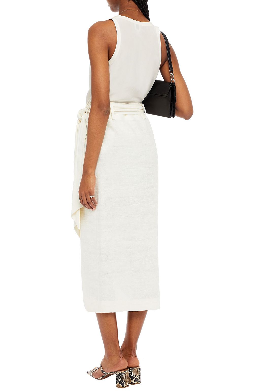 PIECE OF WHITE Draped slub silk midi wrap skirt