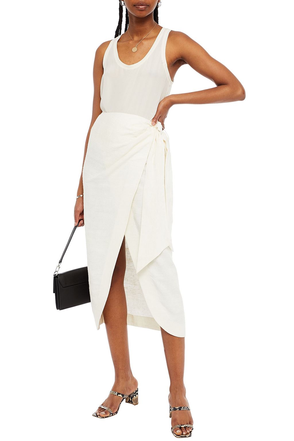 PIECE OF WHITE Draped slub silk midi wrap skirt