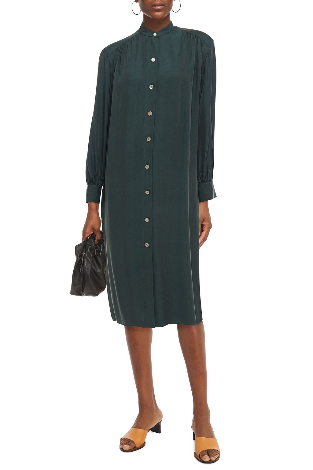 VINCE. Gathered silk-blend twill midi dress