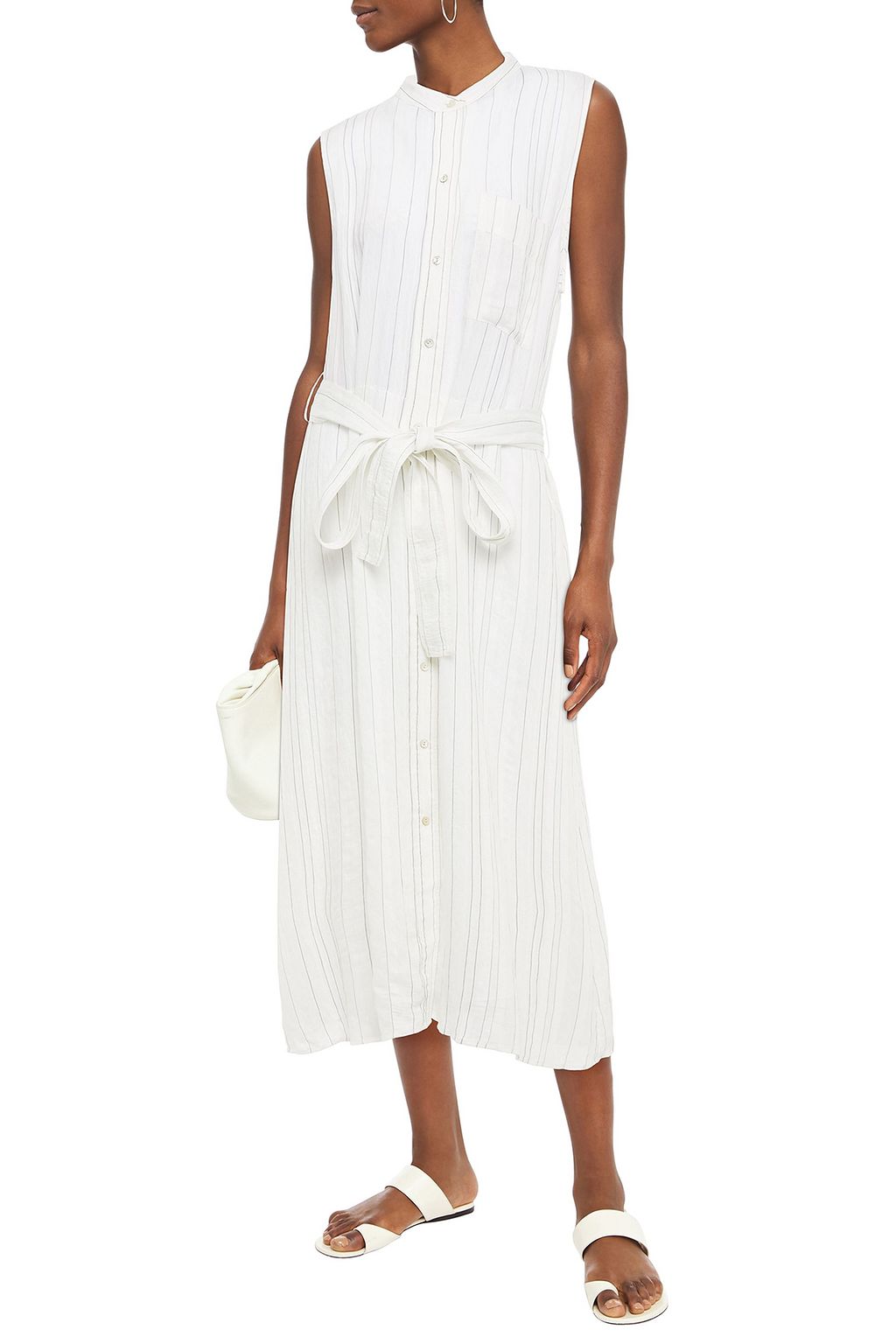 VINCE. Belted striped gauze midi dress