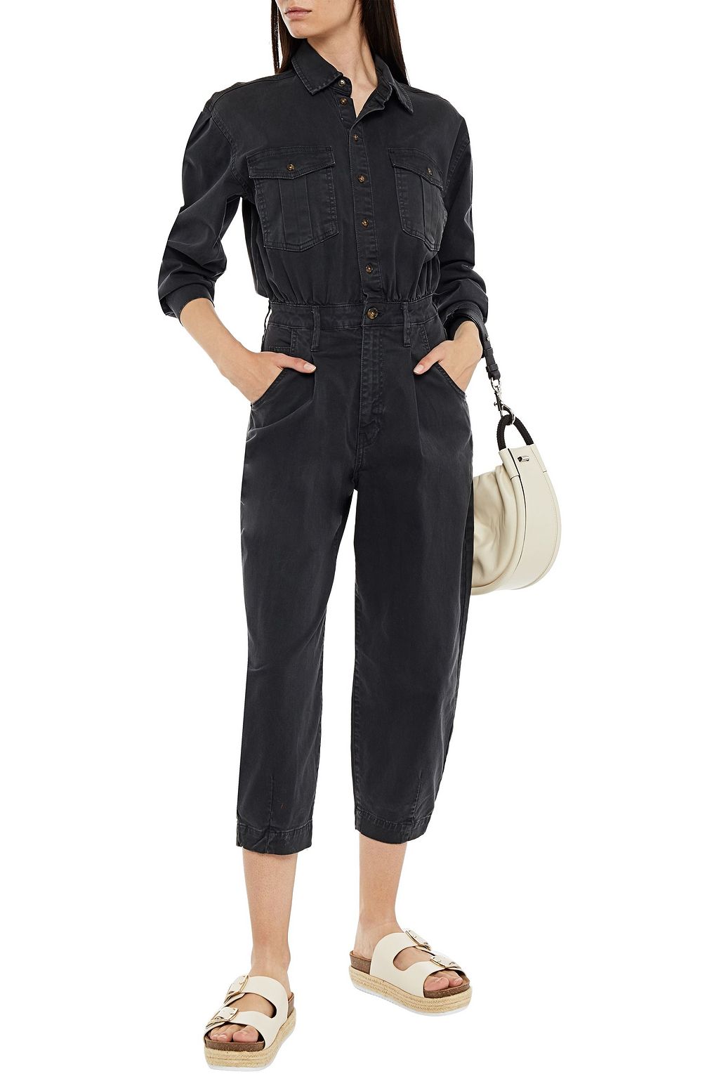 FRAME Cropped gathered denim jumpsuit