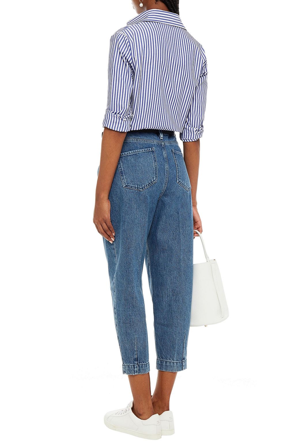 Mid denim Distressed high-rise tapered jeans | Sale up to 70% off | THE OUTNET | FRAME | THE OUTNET