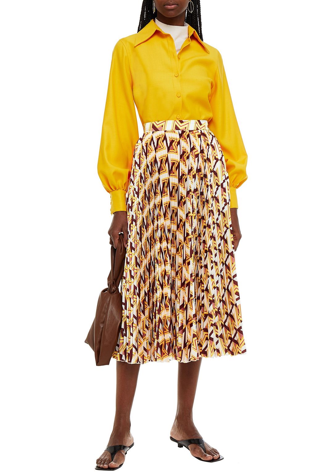 MSGM Printed pleated satin-twill midi skirt