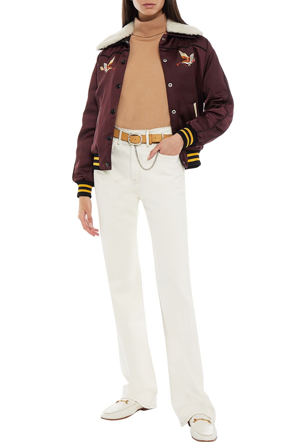 COACH Shearling-lined embroidered shell bomber jacket