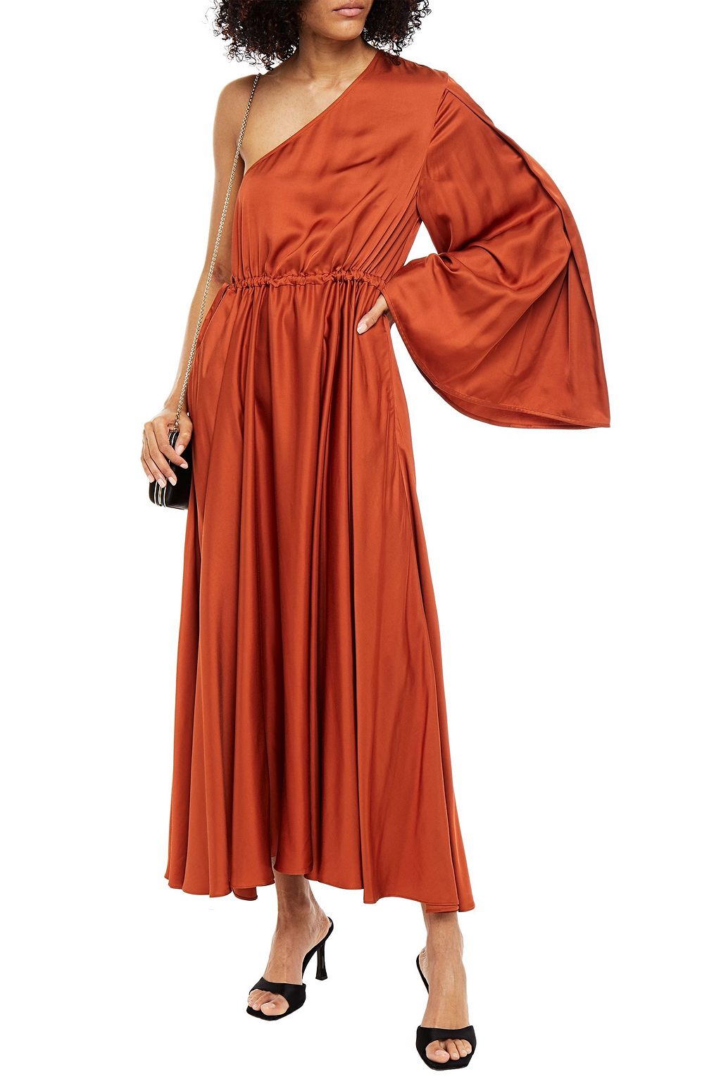 SOLACE LONDON One-shoulder gathered satin maxi dress