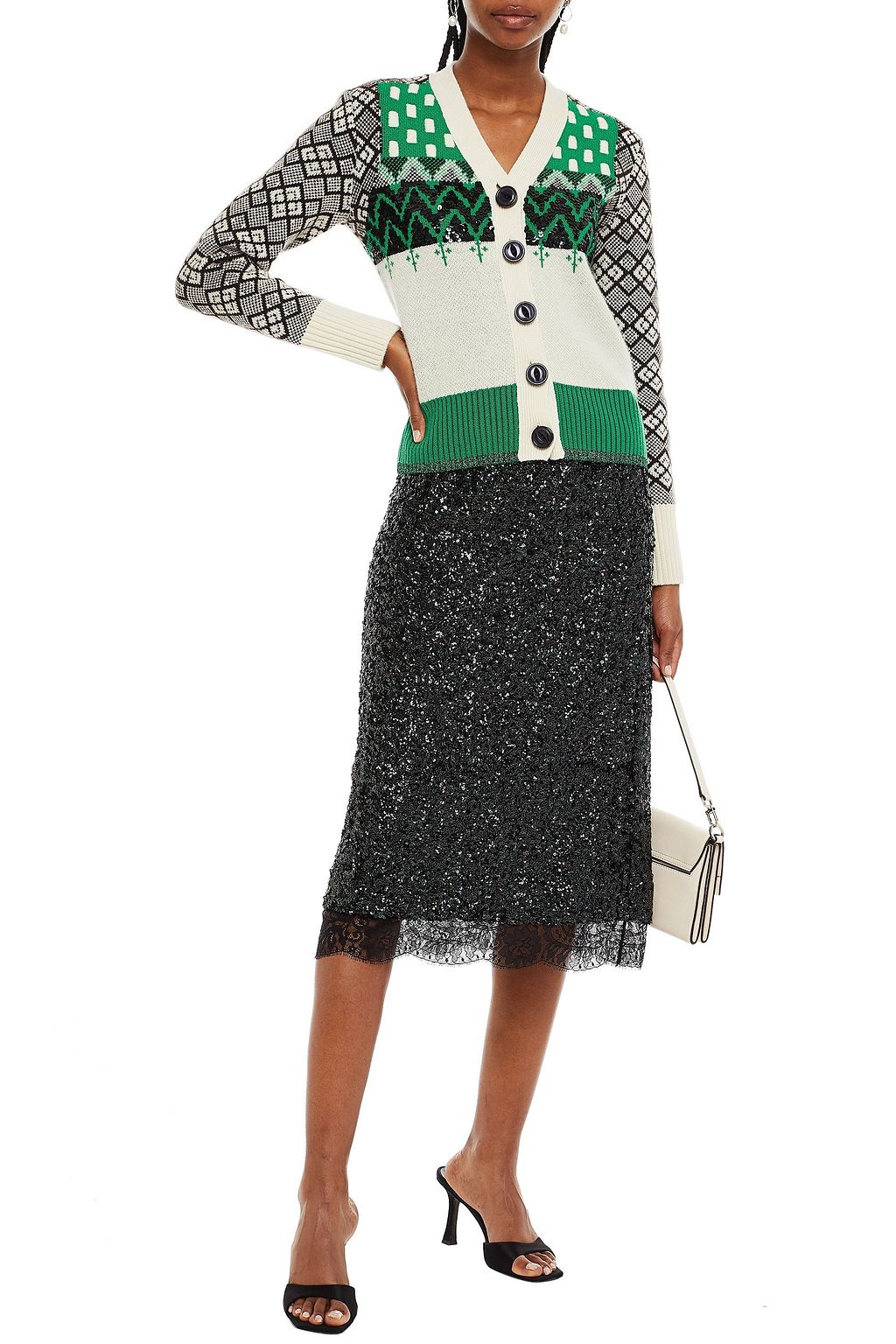 COACH Lace-trimmed sequined mesh midi skirt
