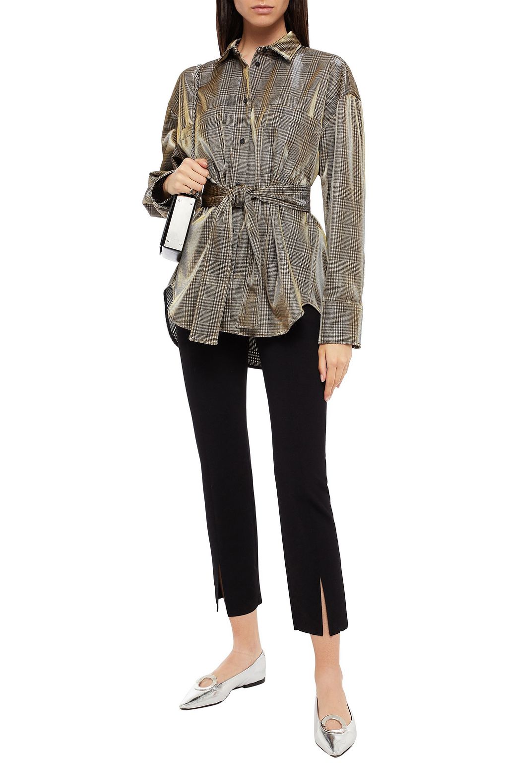 MSGM Belted metallic Prince of Wales checked flannel shirt