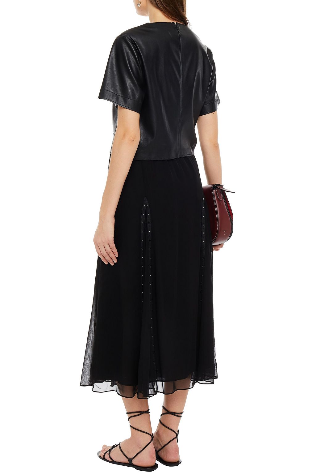 COACH Leather-trimmed studded cupro midi skirt