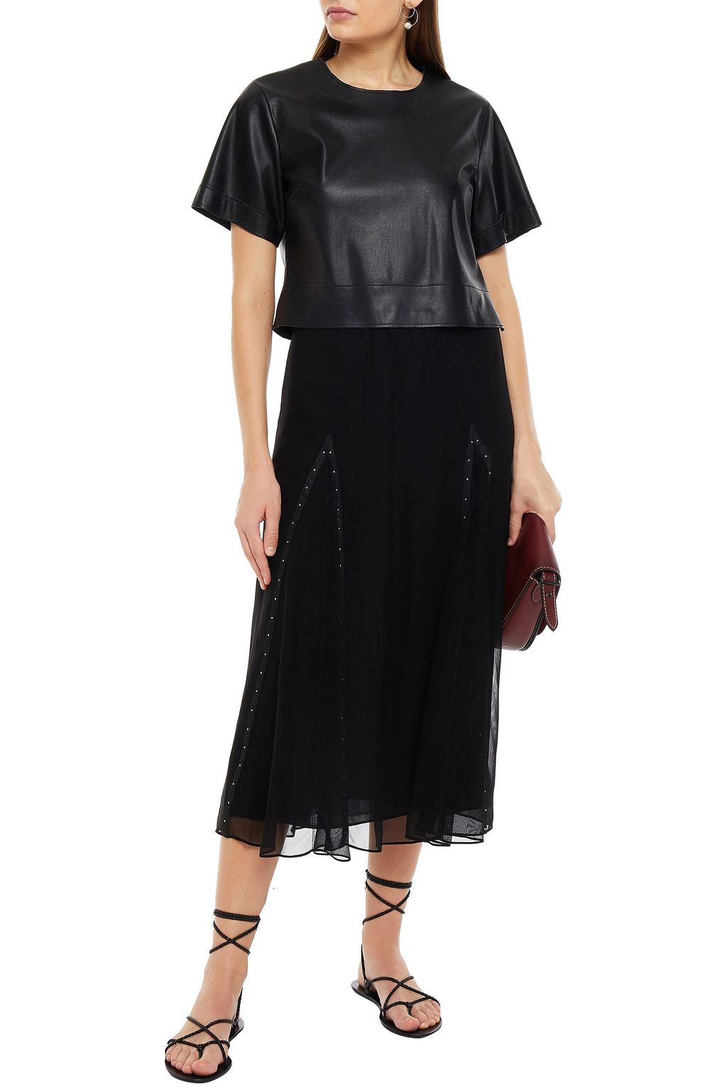 COACH Leather-trimmed studded cupro midi skirt