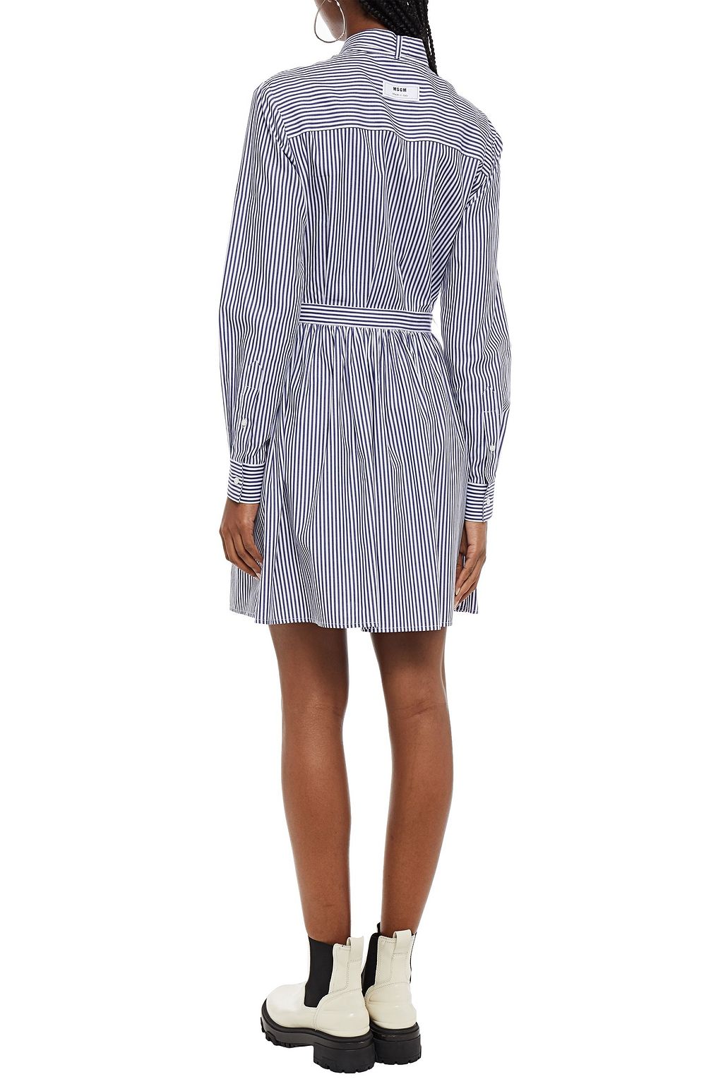 MSGM Pussy-bow striped cotton-poplin mini shirt dress