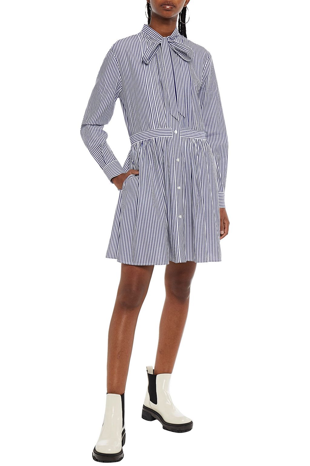 MSGM Pussy-bow striped cotton-poplin mini shirt dress