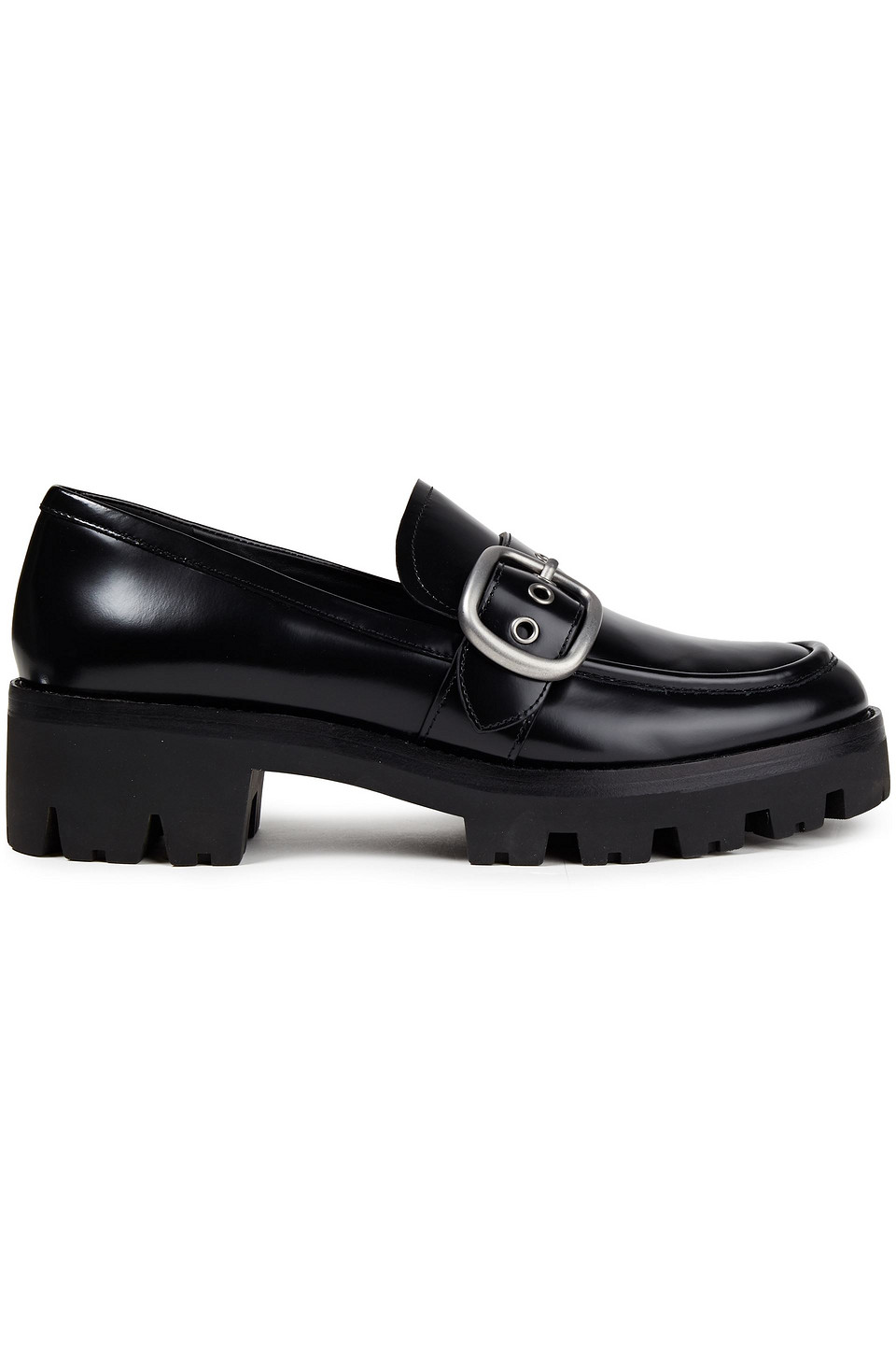 Coach Woman Buckle-embellished Glossed-leather Loafers Black Size 11