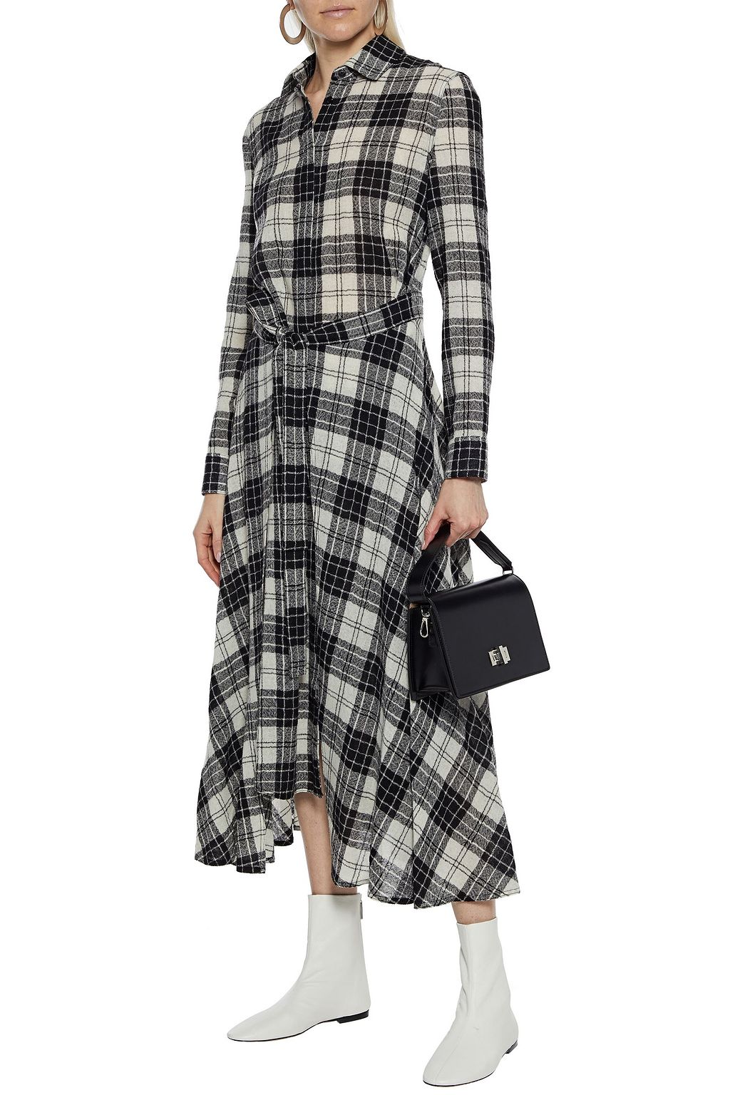 ROSETTA GETTY Asymmetric belted checked wool-gauze midi shirt dress