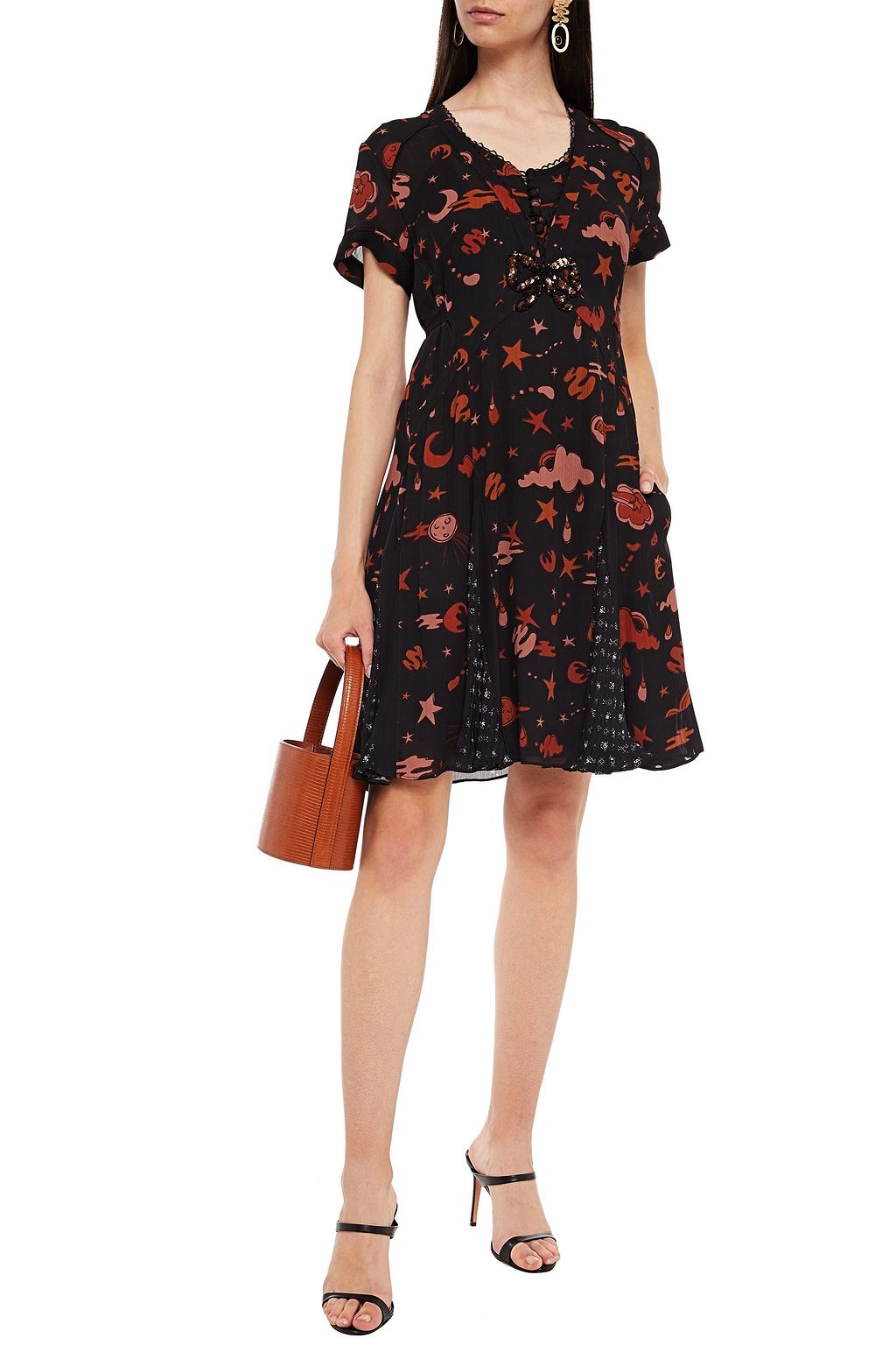 COACH Embellished pleated printed crepon mini dress