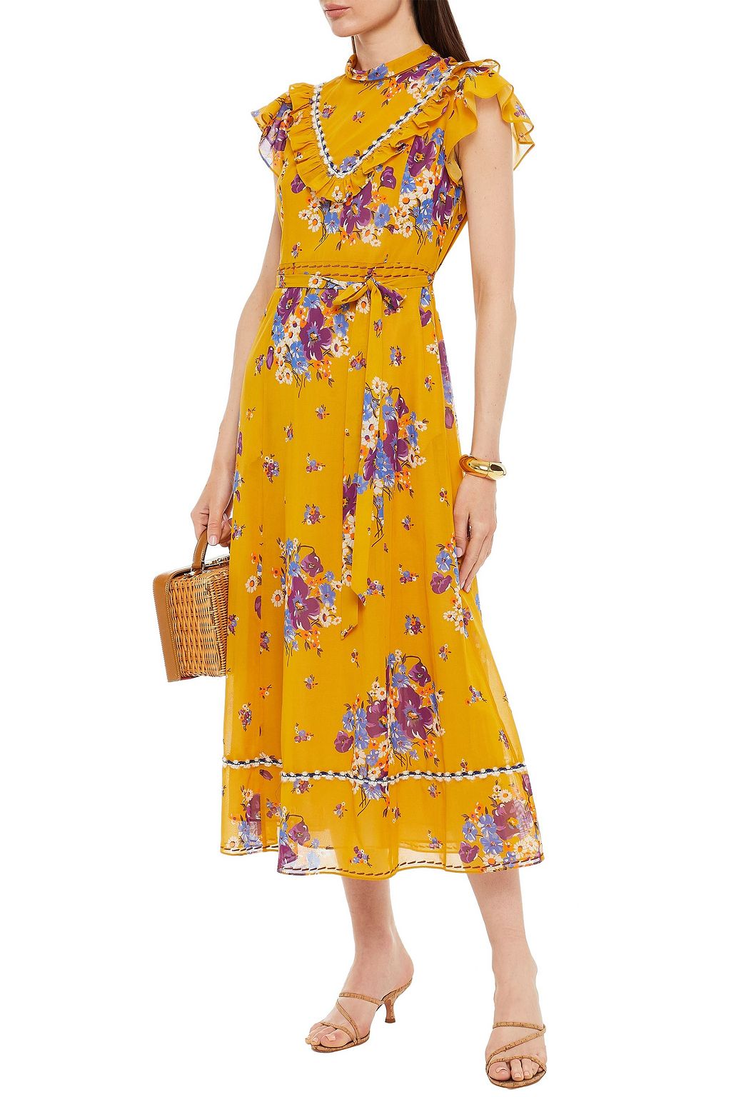 COACH Crochet-trimmed ruffled floral-print cotton-chiffon midi dress