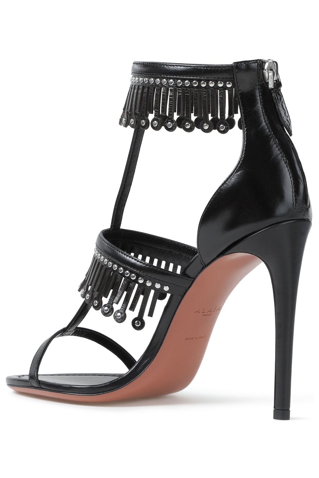 ALAÏA 프린지 & 스터드 디테일 레이저 컷 가죽 샌들