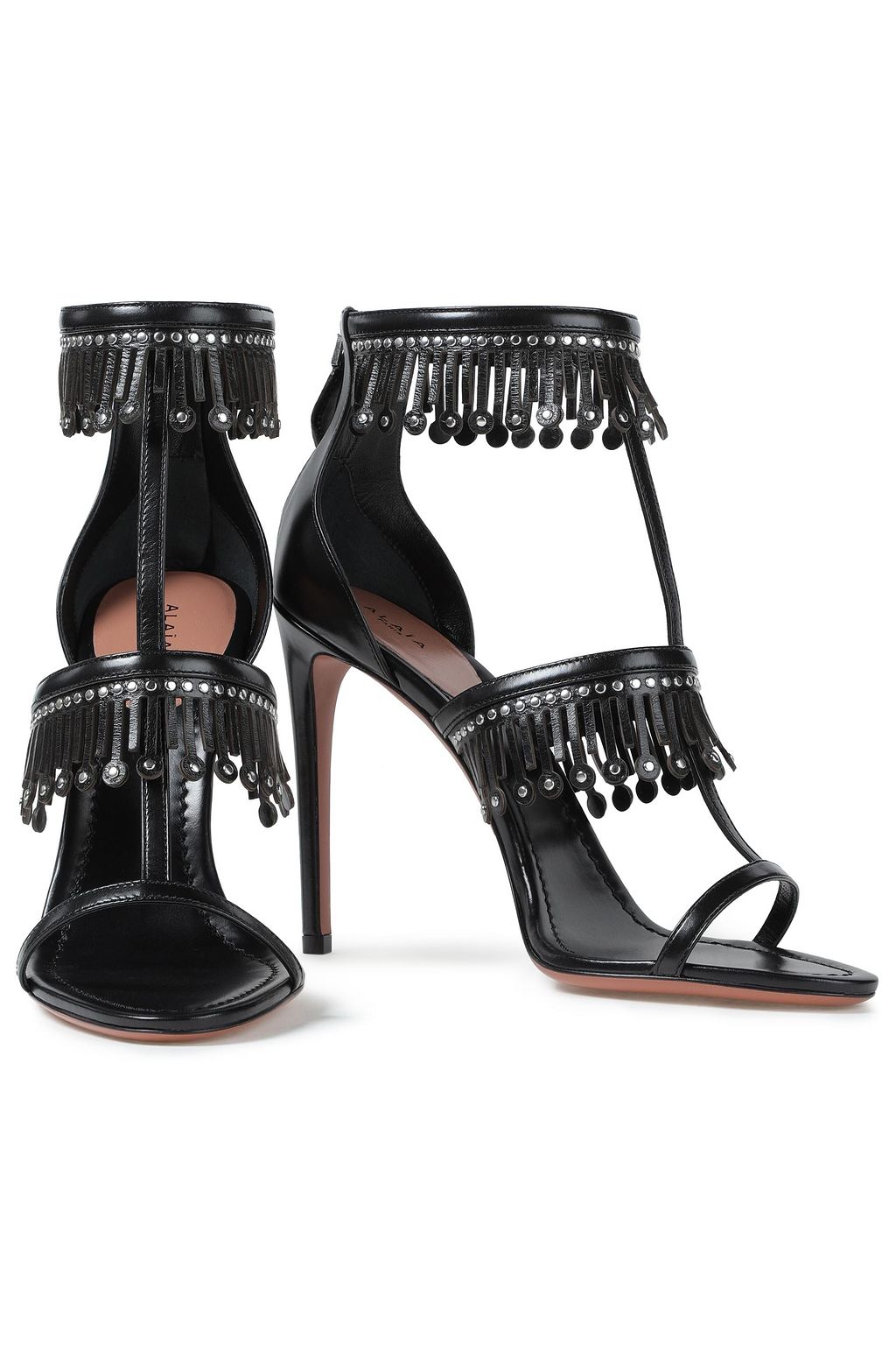 ALAÏA 프린지 & 스터드 디테일 레이저 컷 가죽 샌들