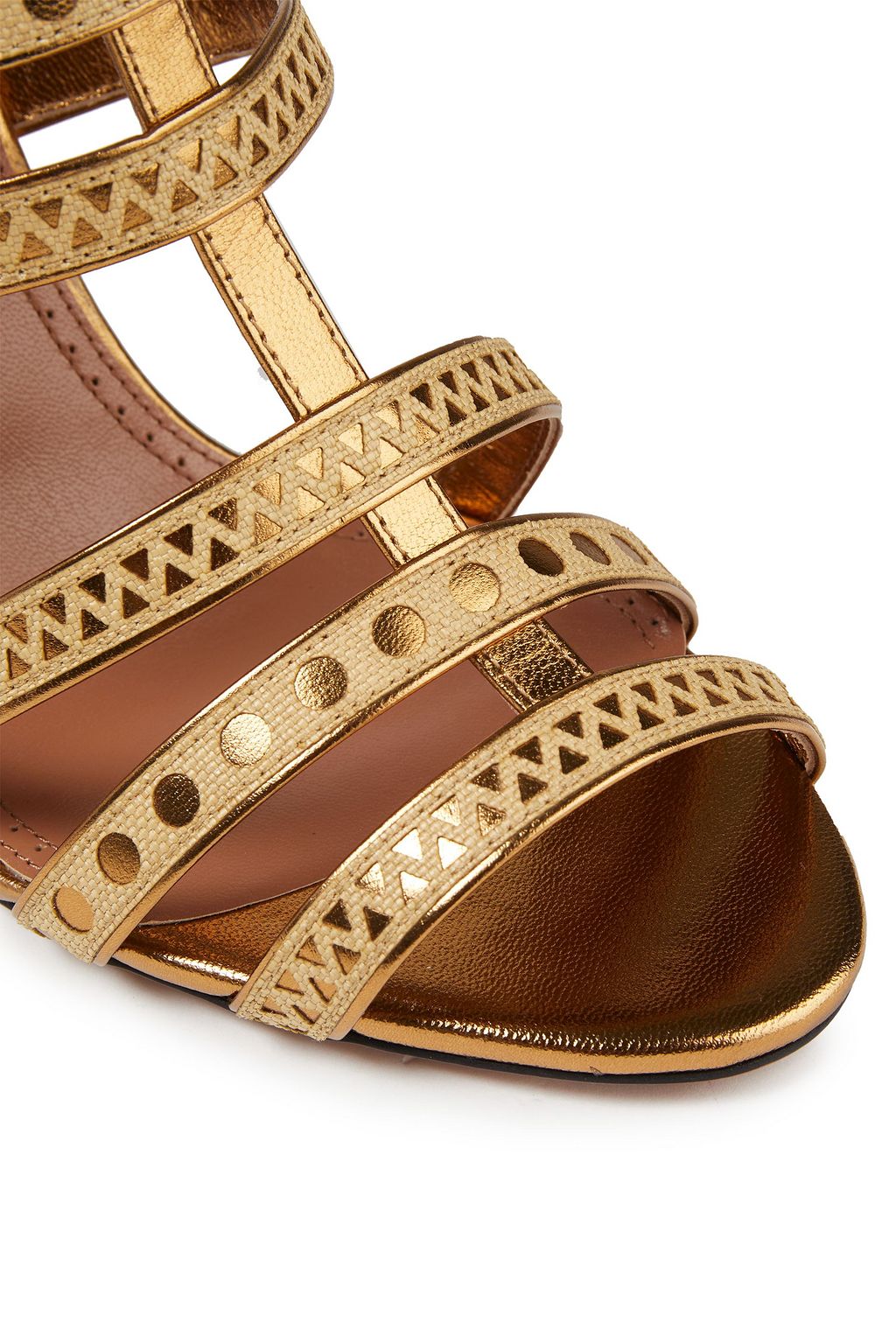 ALAÏA Sandalen aus Metallic-Leder und Raffiabastimitat