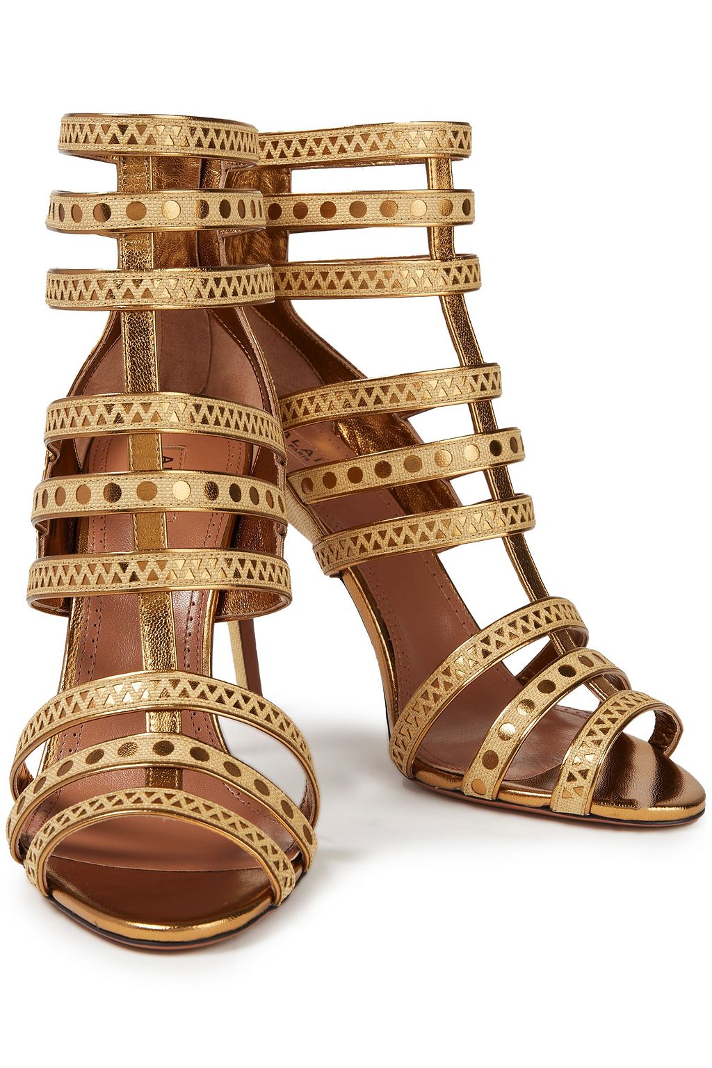 ALAÏA Sandalen aus Metallic-Leder und Raffiabastimitat