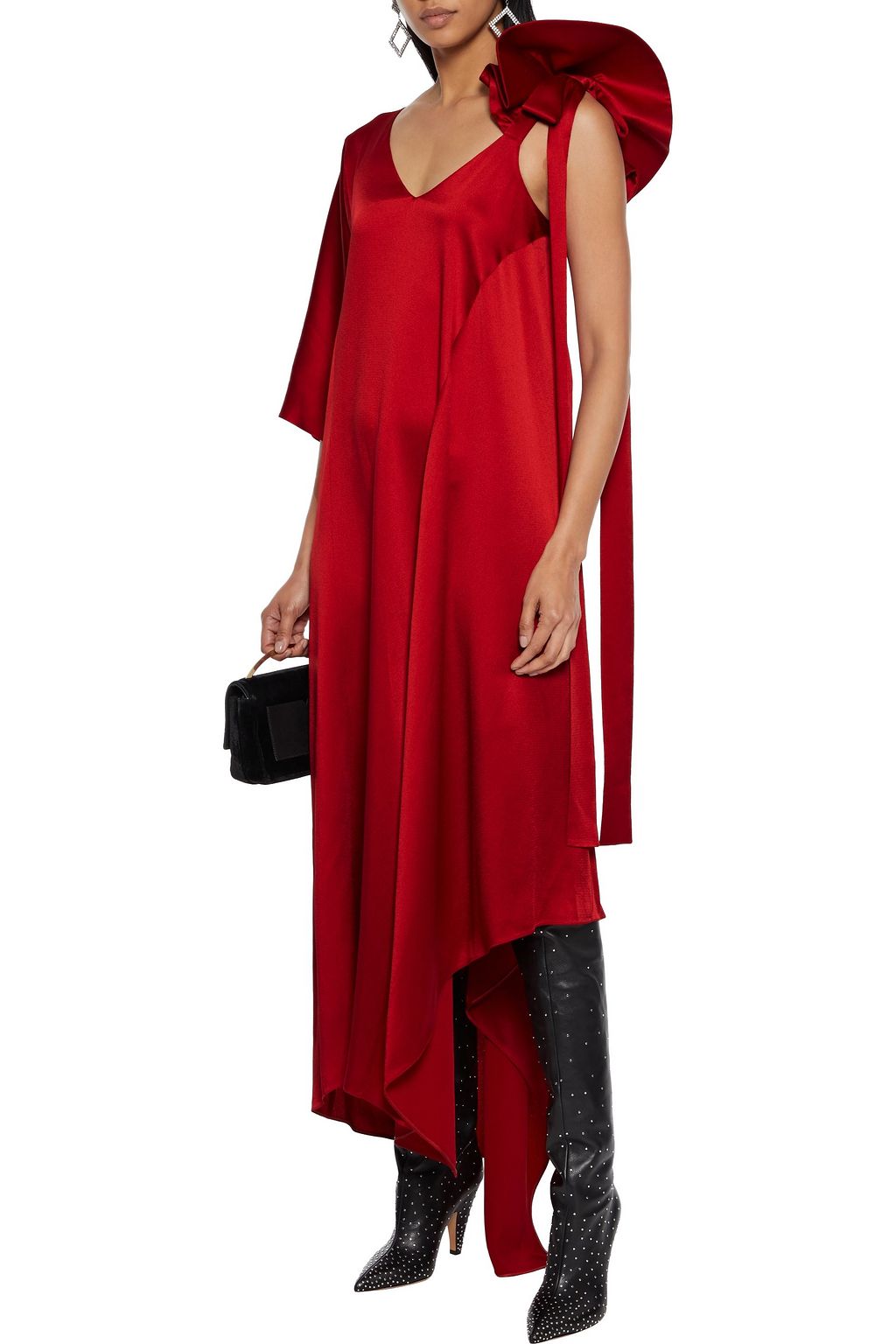 VALENTINO GARAVANI Asymmetric ruffled hammered-satin midi dress