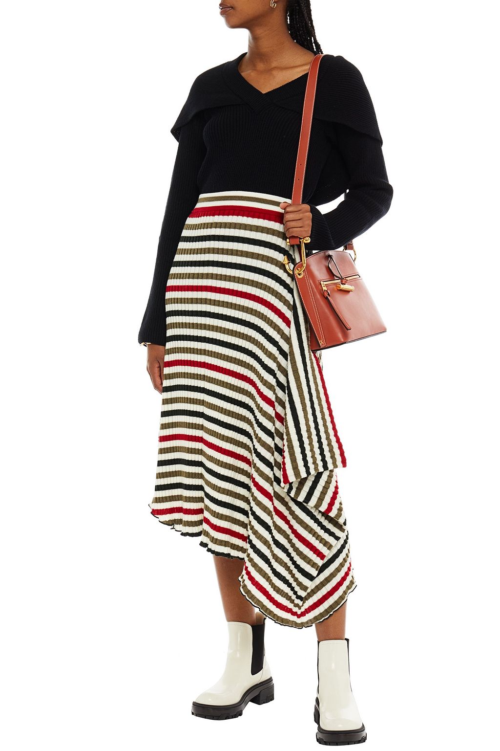 JW ANDERSON Asymmetric ribbed striped merino wool midi skirt