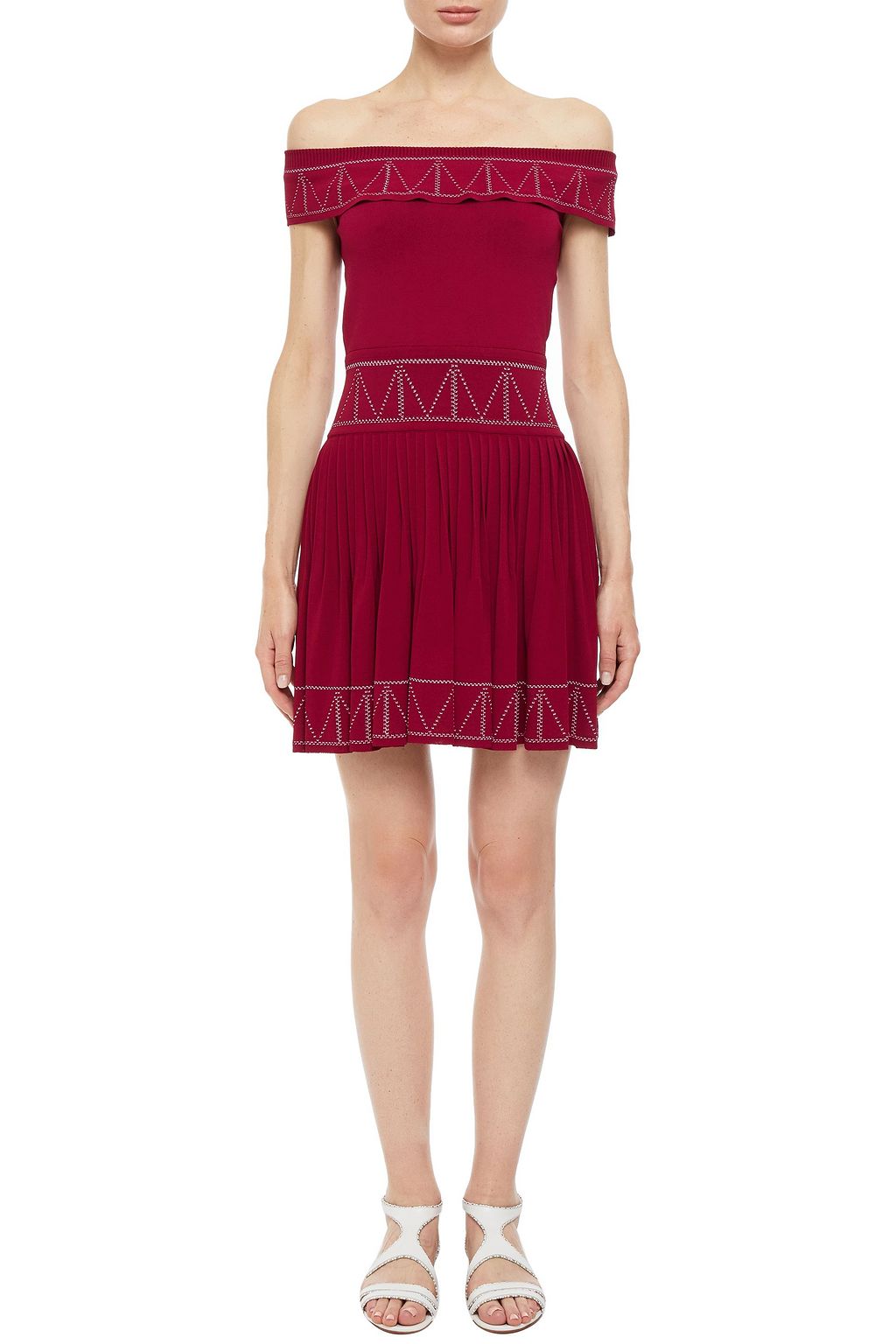 ALAÏA Off-the-shoulder pleated jacquard-knit mini dress