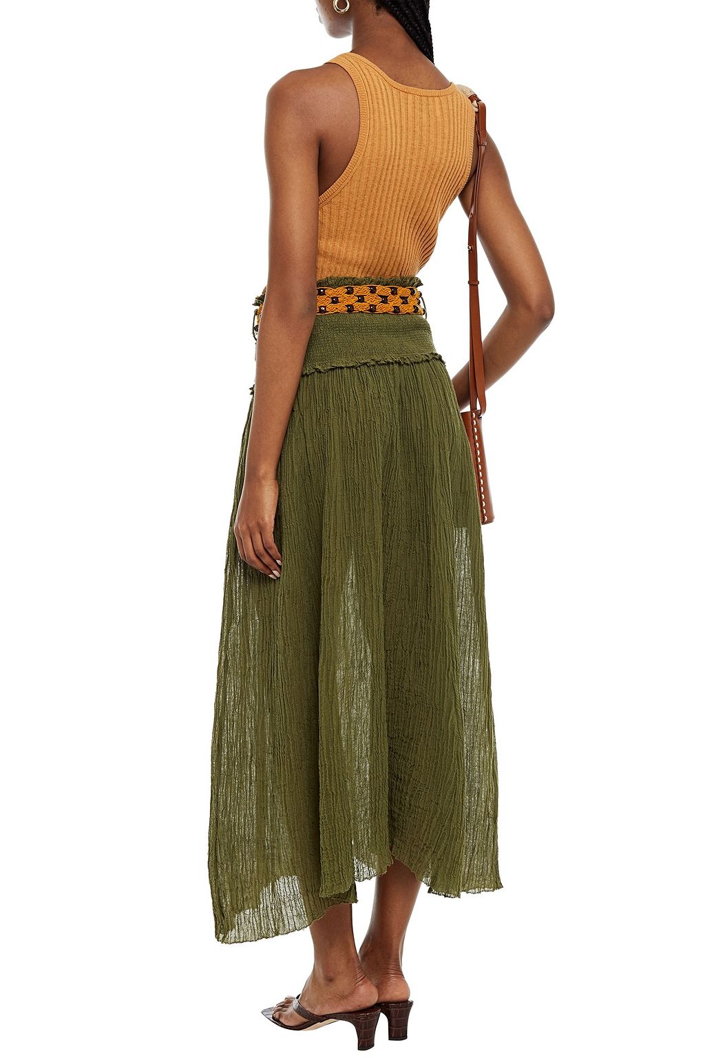 ZIMMERMANN Bellitude belted crinkled ramie and cotton-blend midi skirt